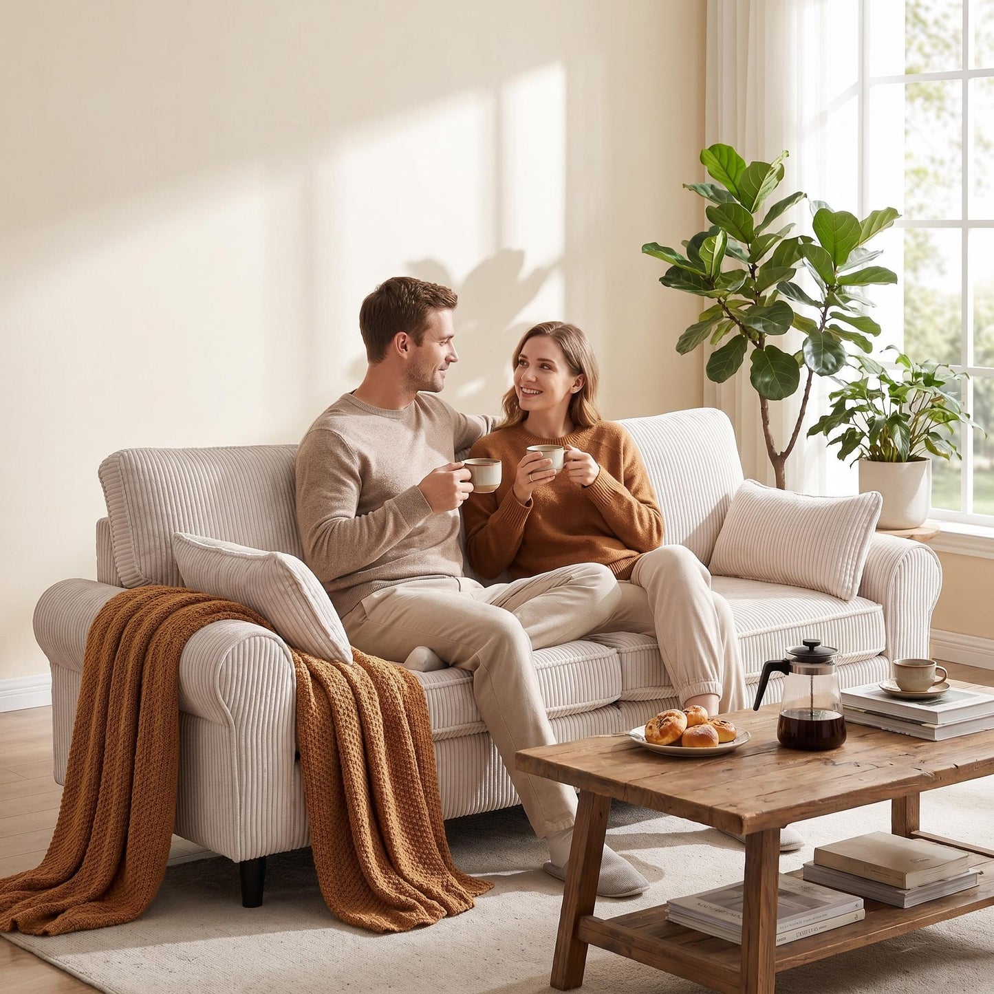 Corduroy Loveseat Sofa – 2-Seater Couch with Rolled Armrests, Iron & Wood Frame (Beige/Black)