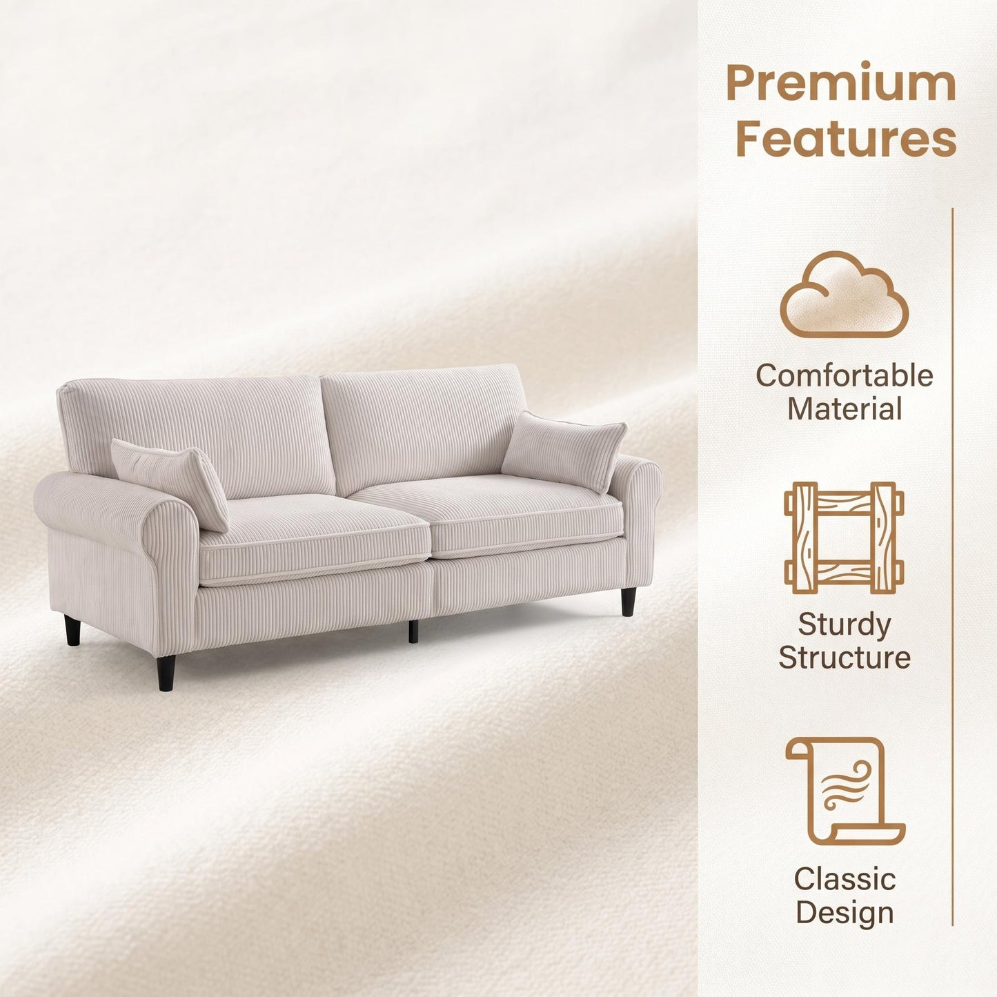 Corduroy Loveseat Sofa – 2-Seater Couch with Rolled Armrests, Iron & Wood Frame (Beige/Black)