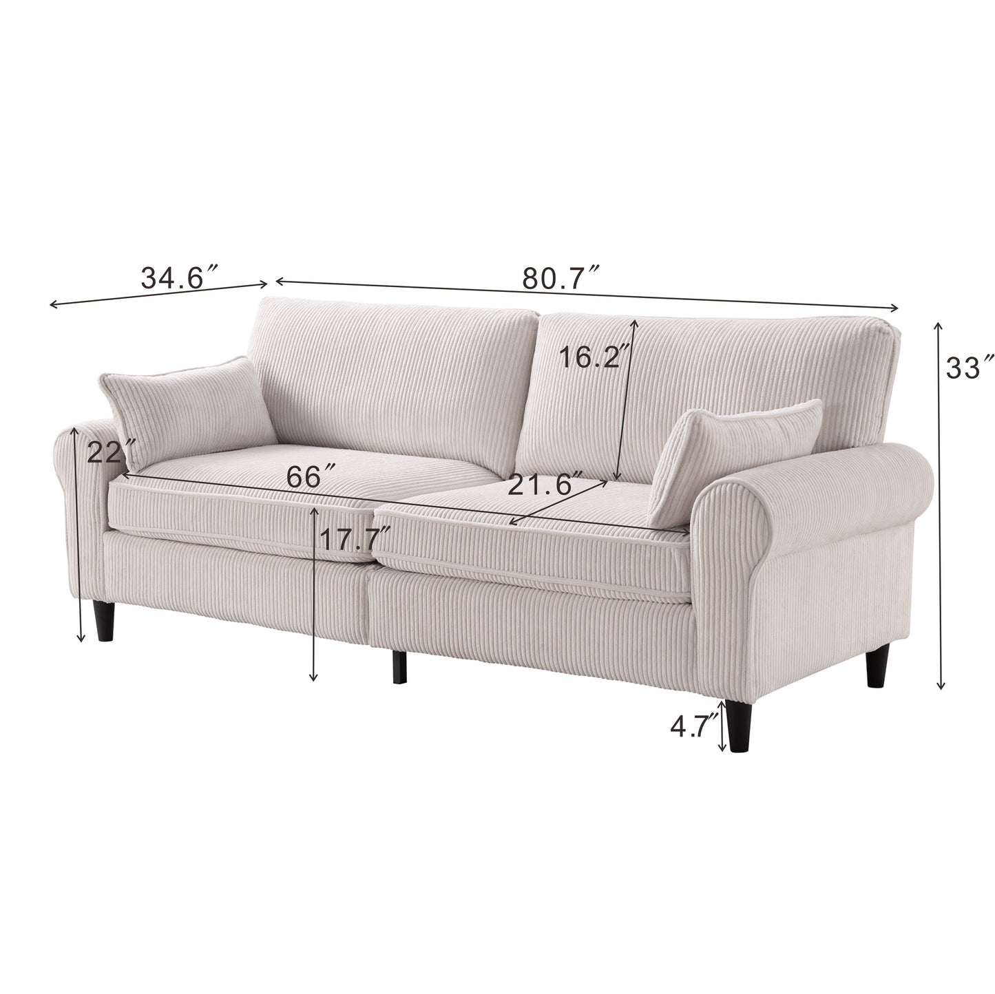 Corduroy Loveseat Sofa – 2-Seater Couch with Rolled Armrests, Iron & Wood Frame (Beige/Black)