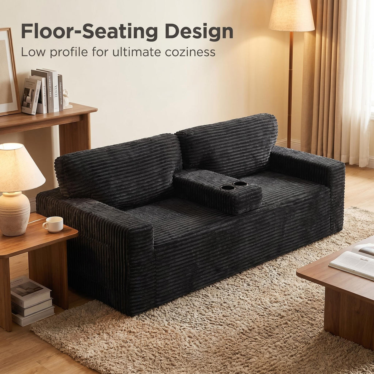 No assembly required No-Leg Compression Sofa – Plush Corduroy with Built-in Cup Holders Side Storage Pocket