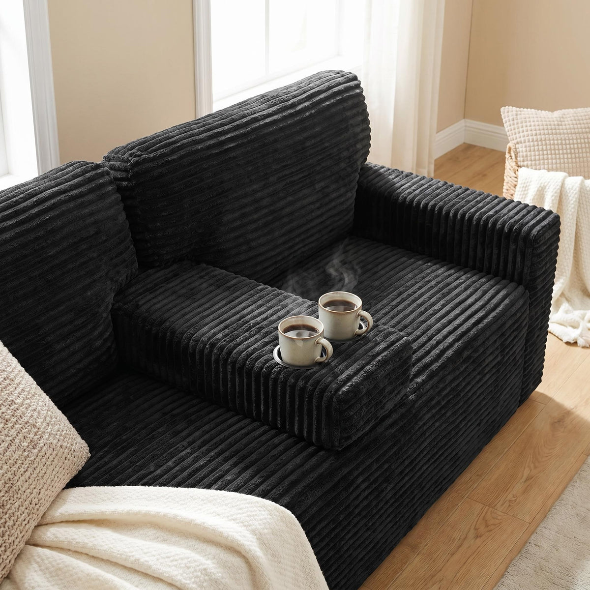 No assembly required No-Leg Compression Sofa – Plush Corduroy with Built-in Cup Holders Side Storage Pocket