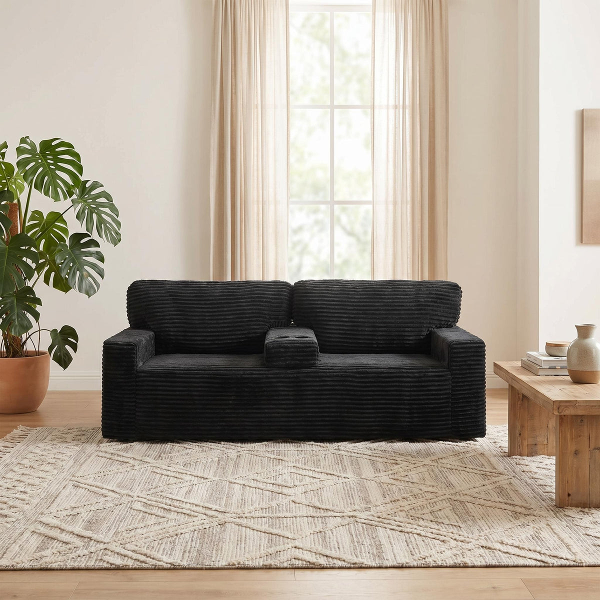 No assembly required No-Leg Compression Sofa – Plush Corduroy with Built-in Cup Holders Side Storage Pocket