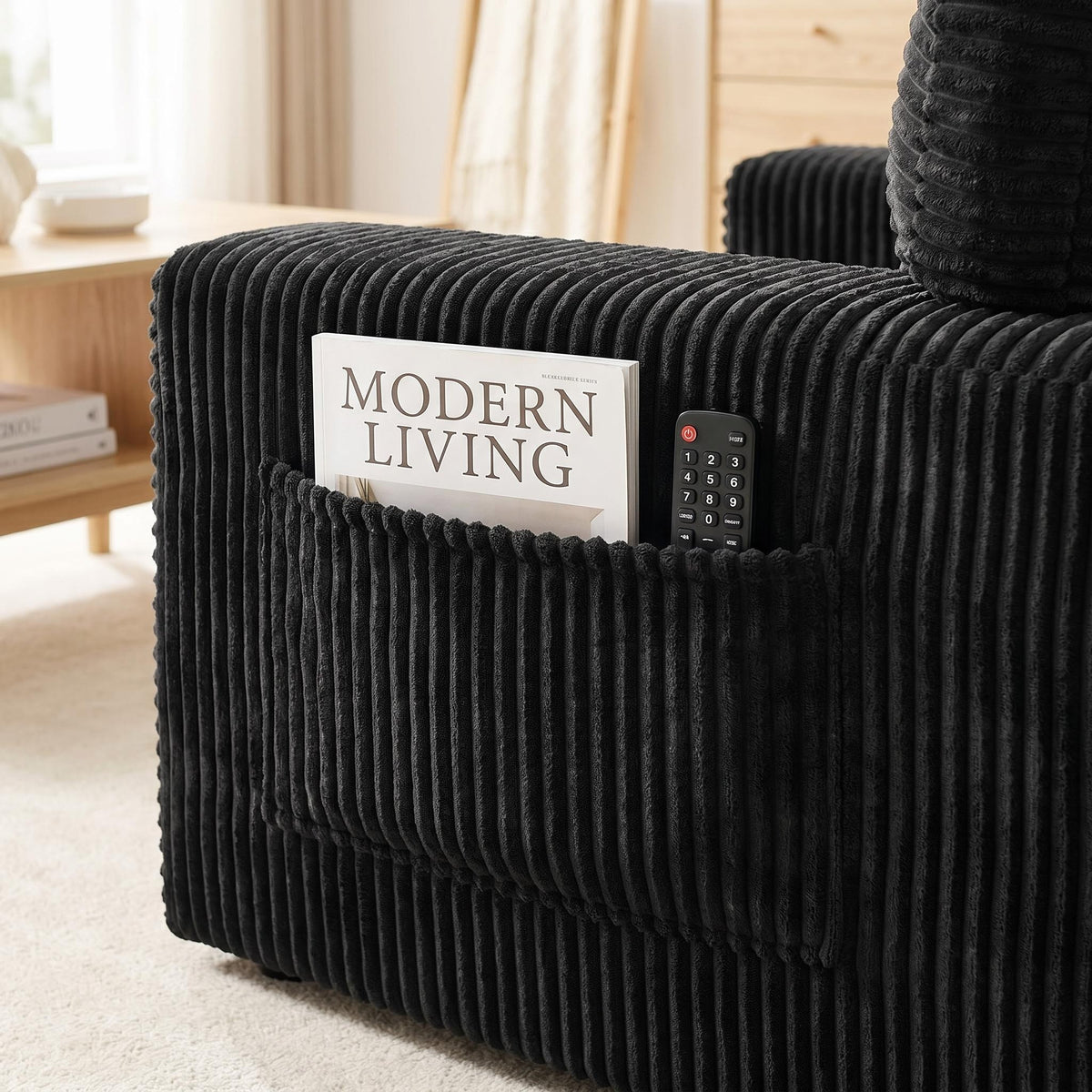 No assembly required No-Leg Compression Sofa – Plush Corduroy with Built-in Cup Holders Side Storage Pocket