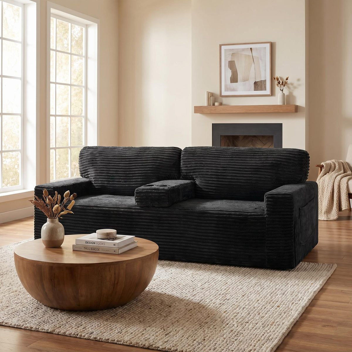 No assembly required No-Leg Compression Sofa – Plush Corduroy with Built-in Cup Holders Side Storage Pocket