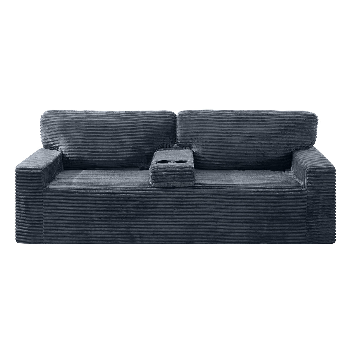 No assembly required No-Leg Compression Sofa – Plush Corduroy with Built-in Cup Holders Side Storage Pocket