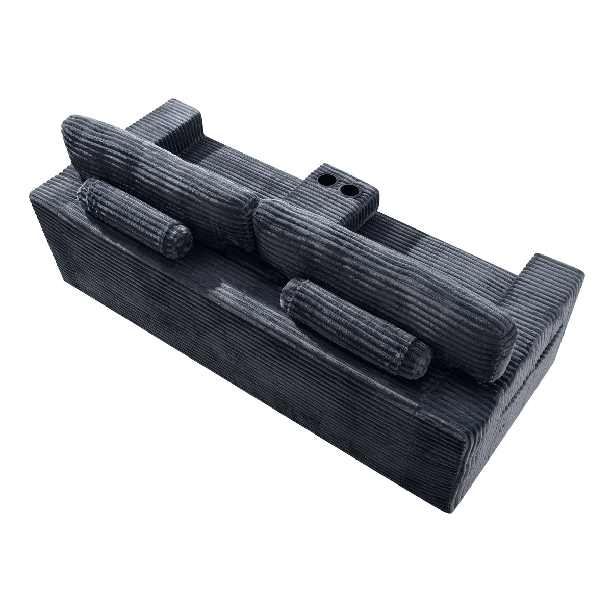 No assembly required No-Leg Compression Sofa – Plush Corduroy with Built-in Cup Holders Side Storage Pocket