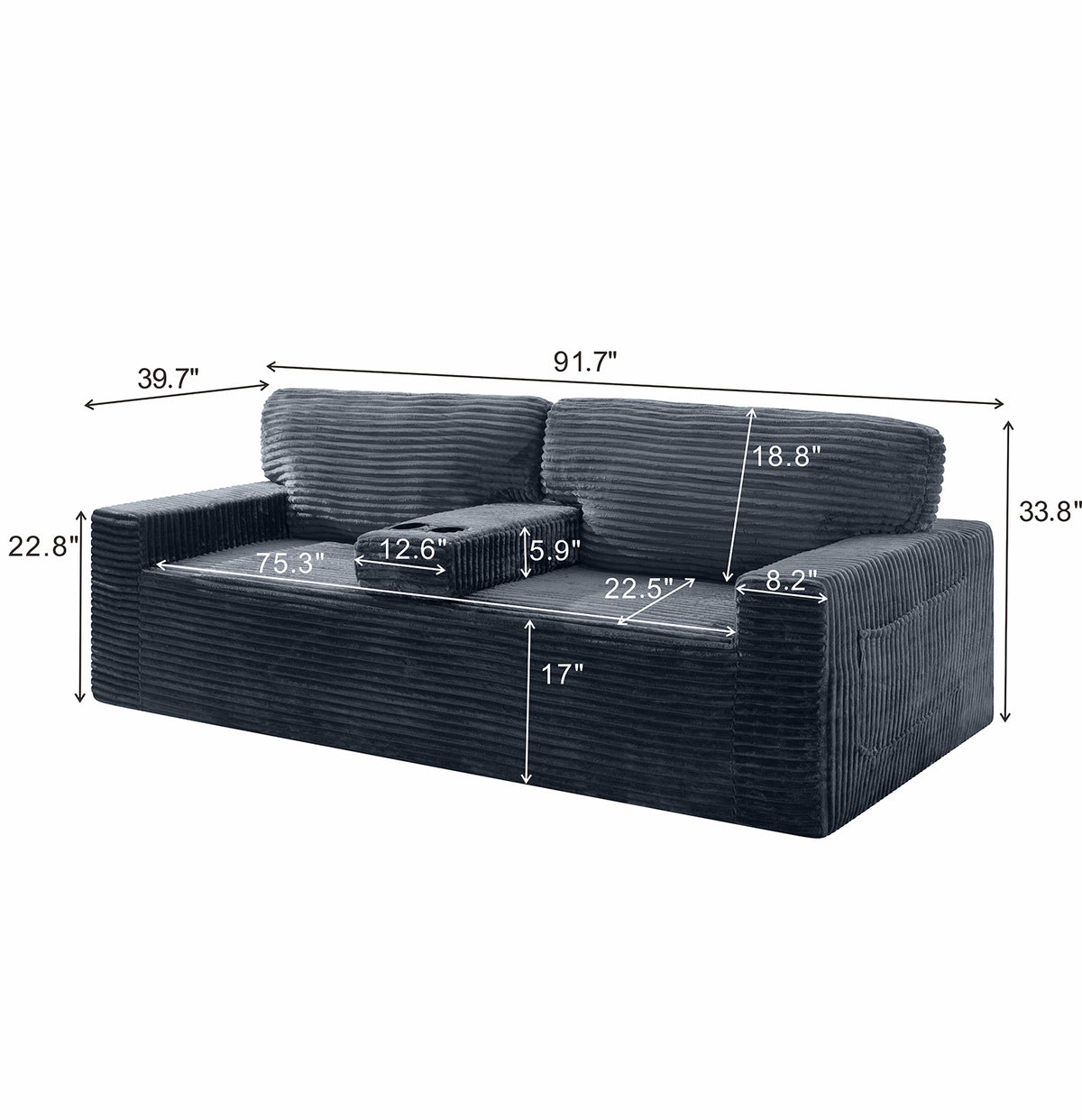 No assembly required No-Leg Compression Sofa – Plush Corduroy with Built-in Cup Holders Side Storage Pocket