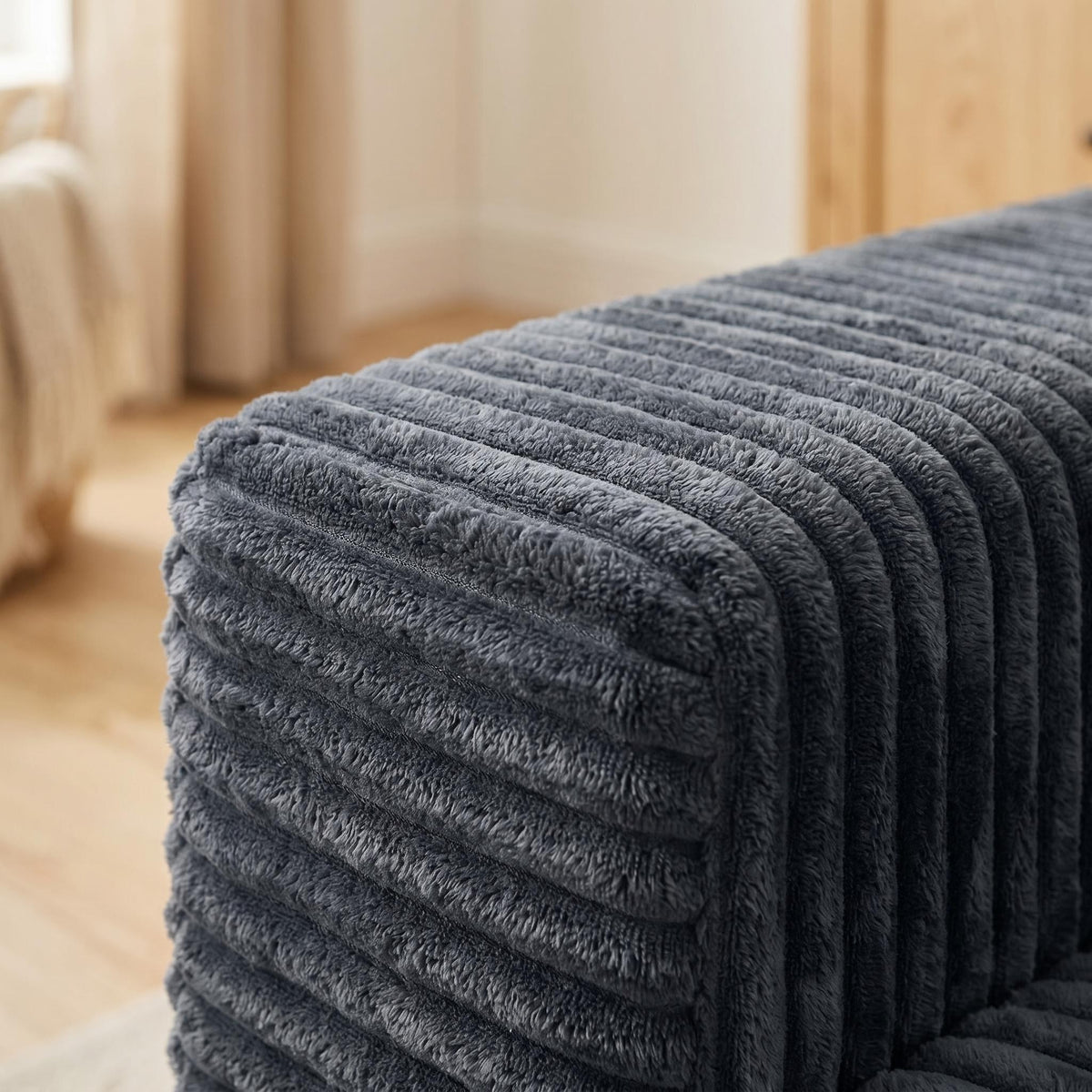 No assembly required No-Leg Compression Sofa – Plush Corduroy with Built-in Cup Holders Side Storage Pocket
