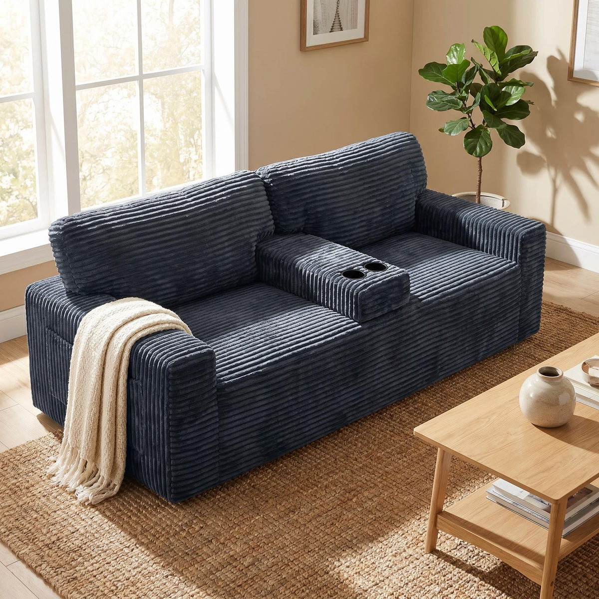No assembly required No-Leg Compression Sofa – Plush Corduroy with Built-in Cup Holders Side Storage Pocket