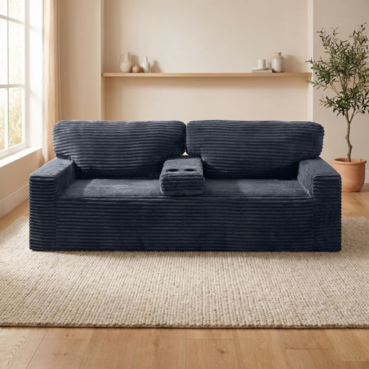 No assembly required No-Leg Compression Sofa – Plush Corduroy with Built-in Cup Holders Side Storage Pocket