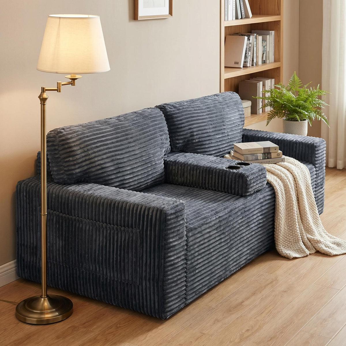 No assembly required No-Leg Compression Sofa – Plush Corduroy with Built-in Cup Holders Side Storage Pocket