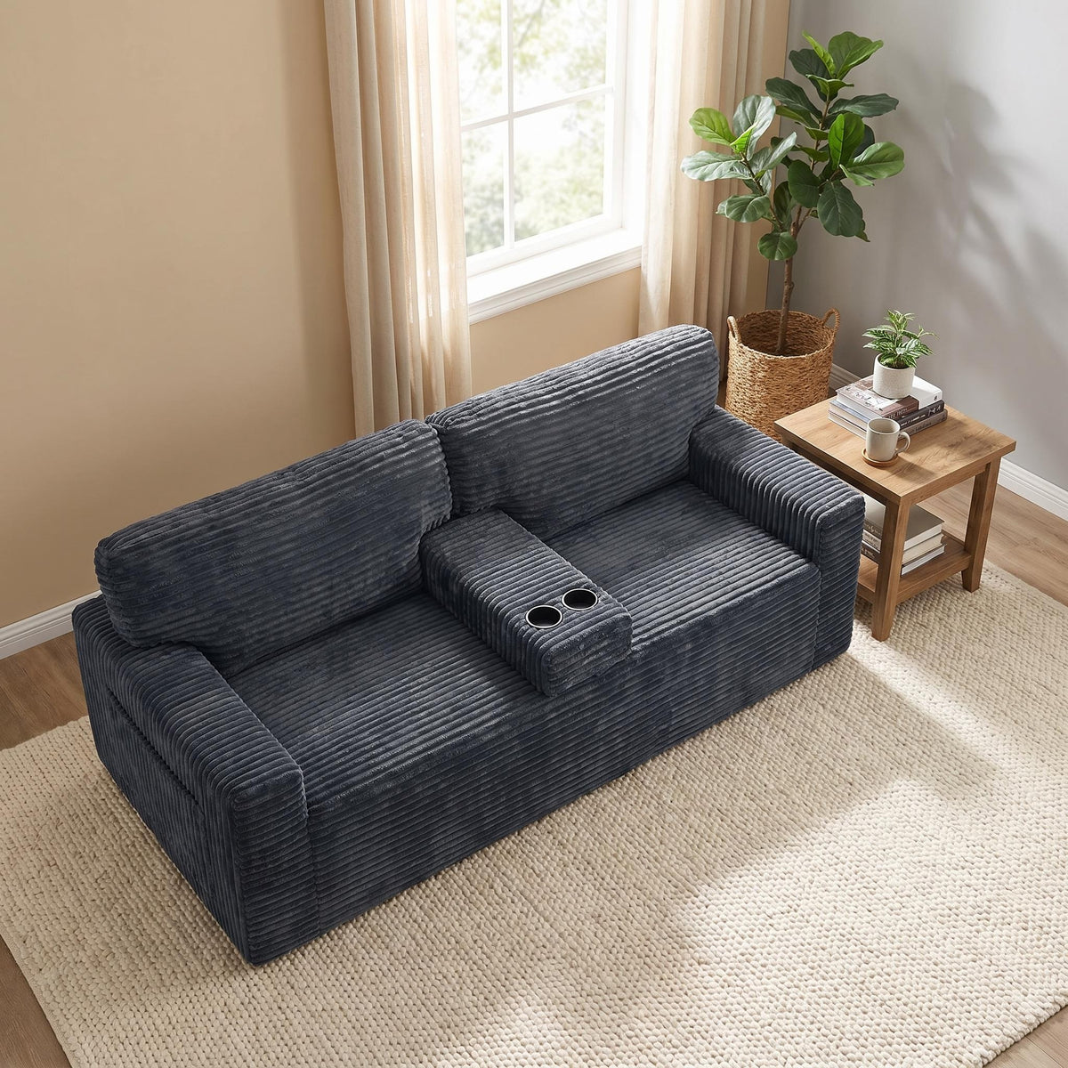 No assembly required No-Leg Compression Sofa – Plush Corduroy with Built-in Cup Holders Side Storage Pocket