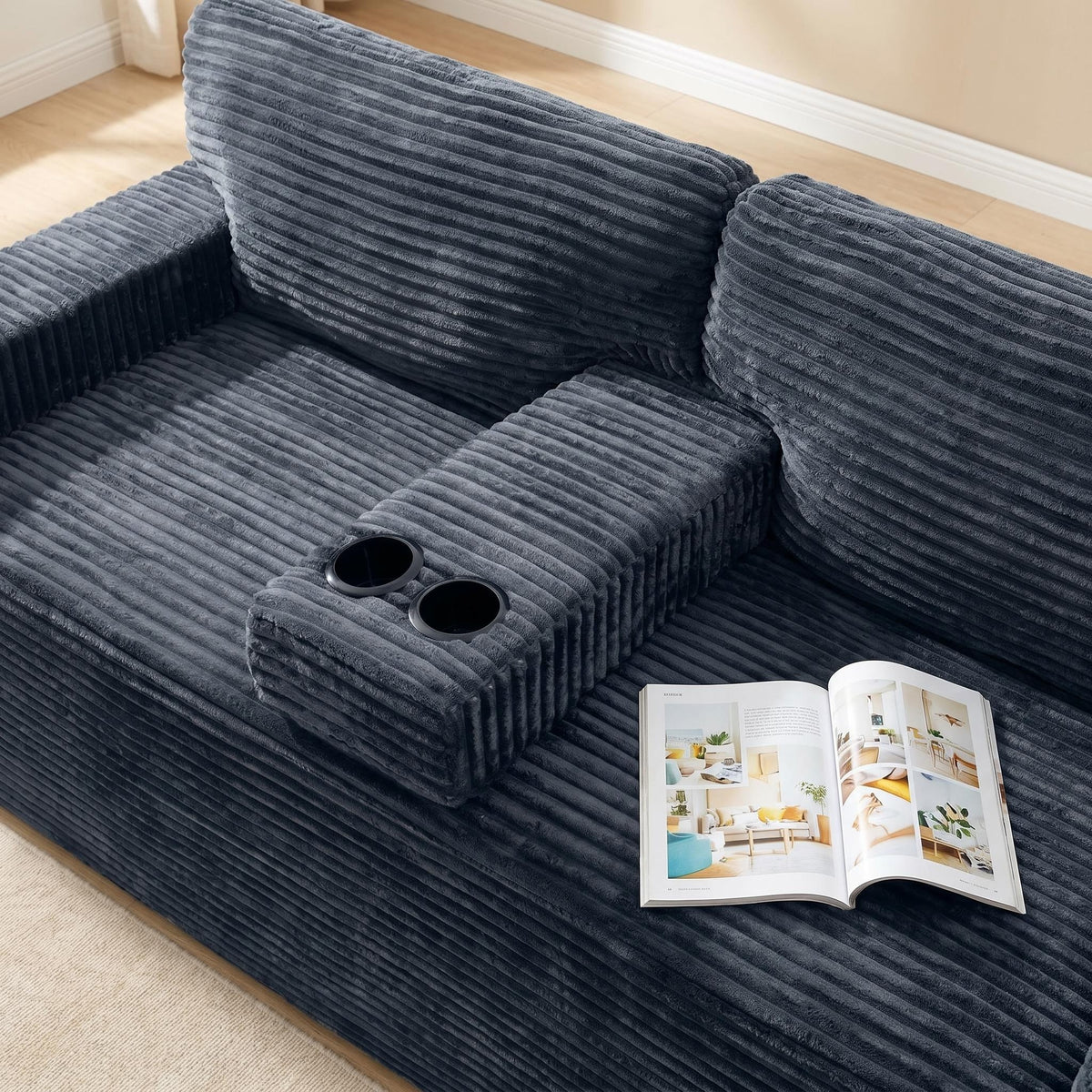 No assembly required No-Leg Compression Sofa – Plush Corduroy with Built-in Cup Holders Side Storage Pocket