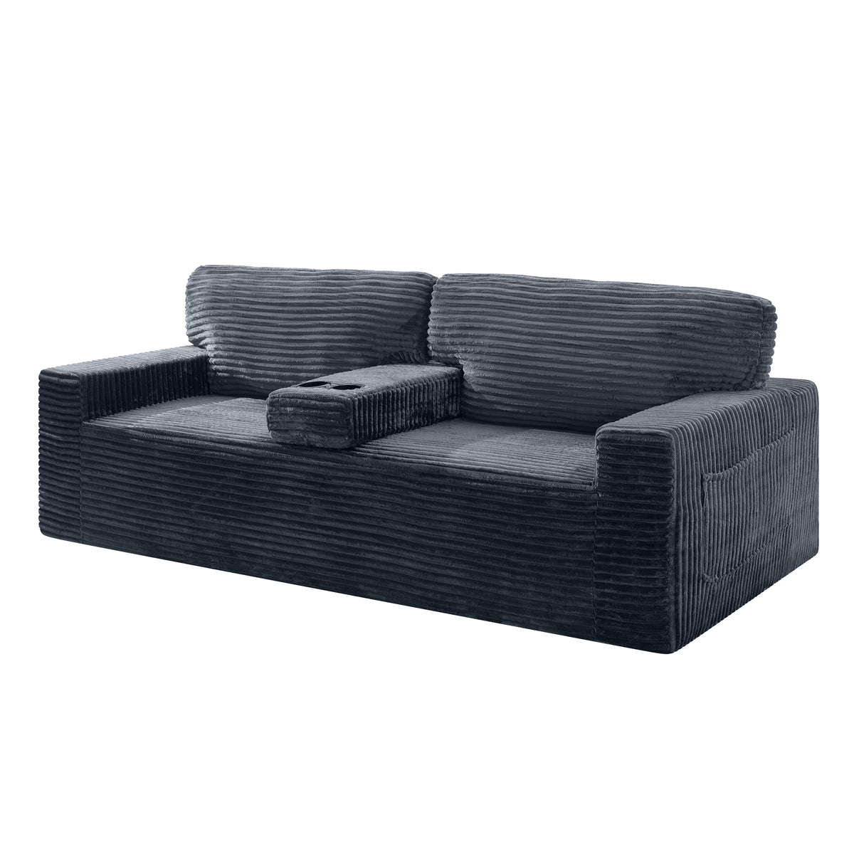 No assembly required No-Leg Compression Sofa – Plush Corduroy with Built-in Cup Holders Side Storage Pocket