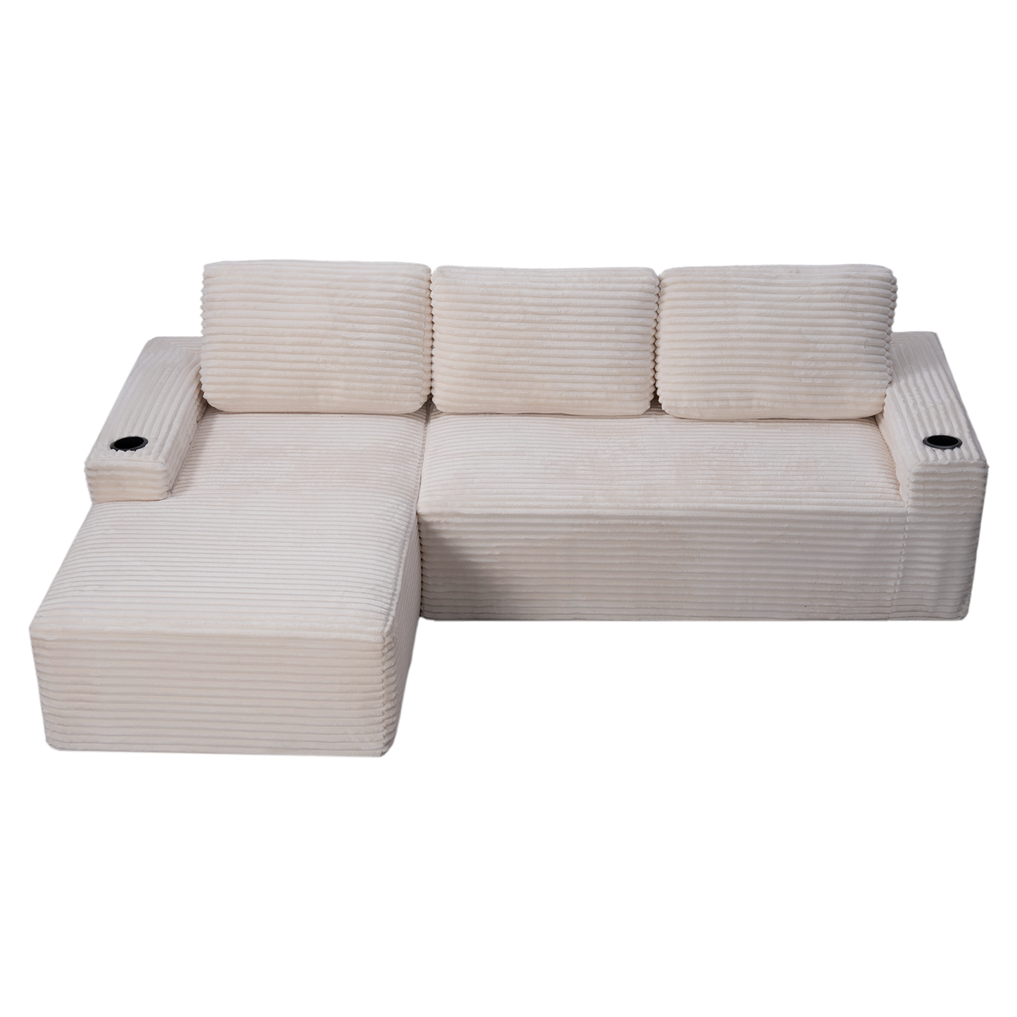 Corduroy Boneless L-Shape Chaise Sofa – No Assembly, Cup Holders, Storage Pockets (Cream White)