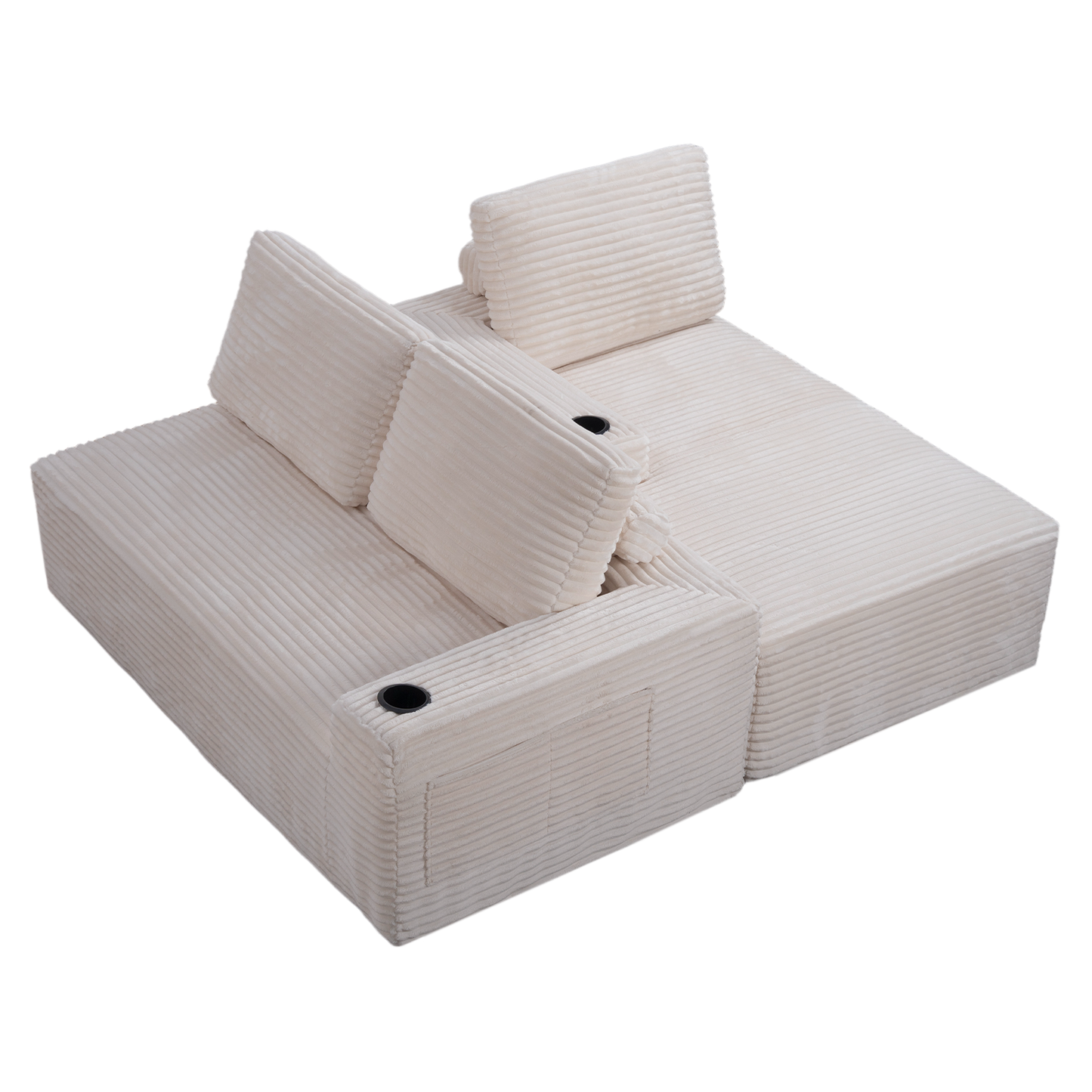 Corduroy Boneless L-Shape Chaise Sofa – No Assembly, Cup Holders, Storage Pockets (Cream White)