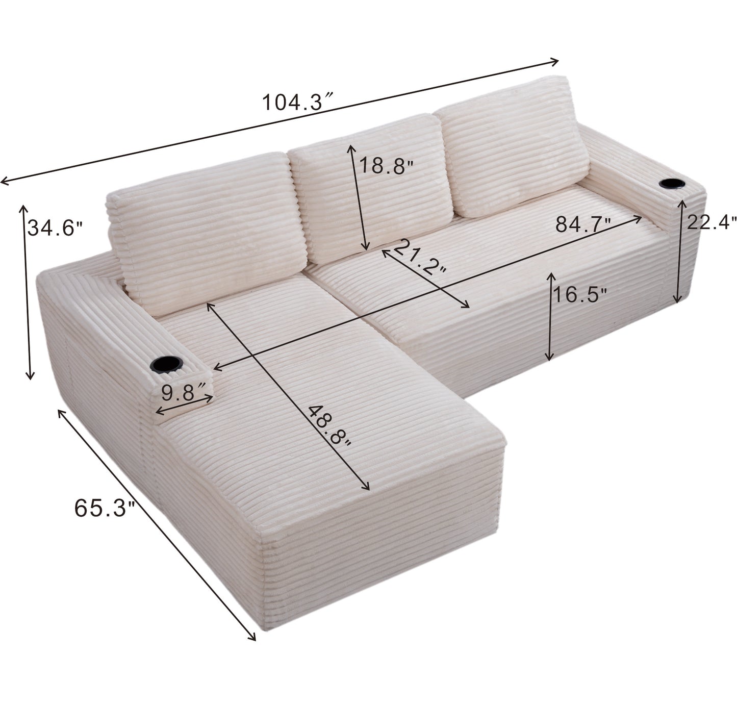 Corduroy Boneless L-Shape Chaise Sofa – No Assembly, Cup Holders, Storage Pockets (Cream White)