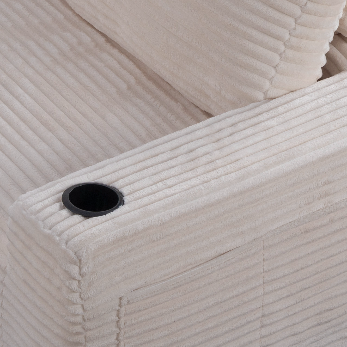 Corduroy Boneless L-Shape Chaise Sofa – No Assembly, Cup Holders, Storage Pockets (Cream White)