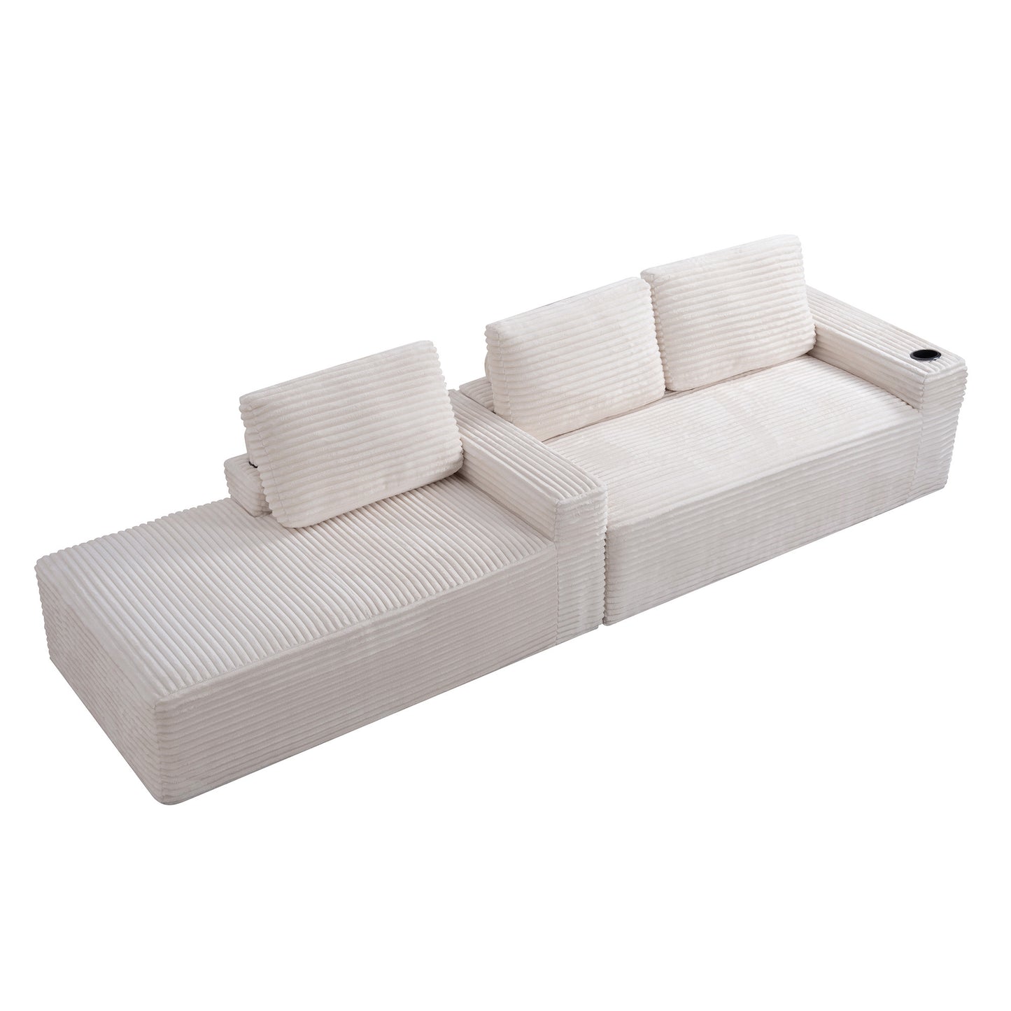 Corduroy Boneless L-Shape Chaise Sofa – No Assembly, Cup Holders, Storage Pockets (Cream White)