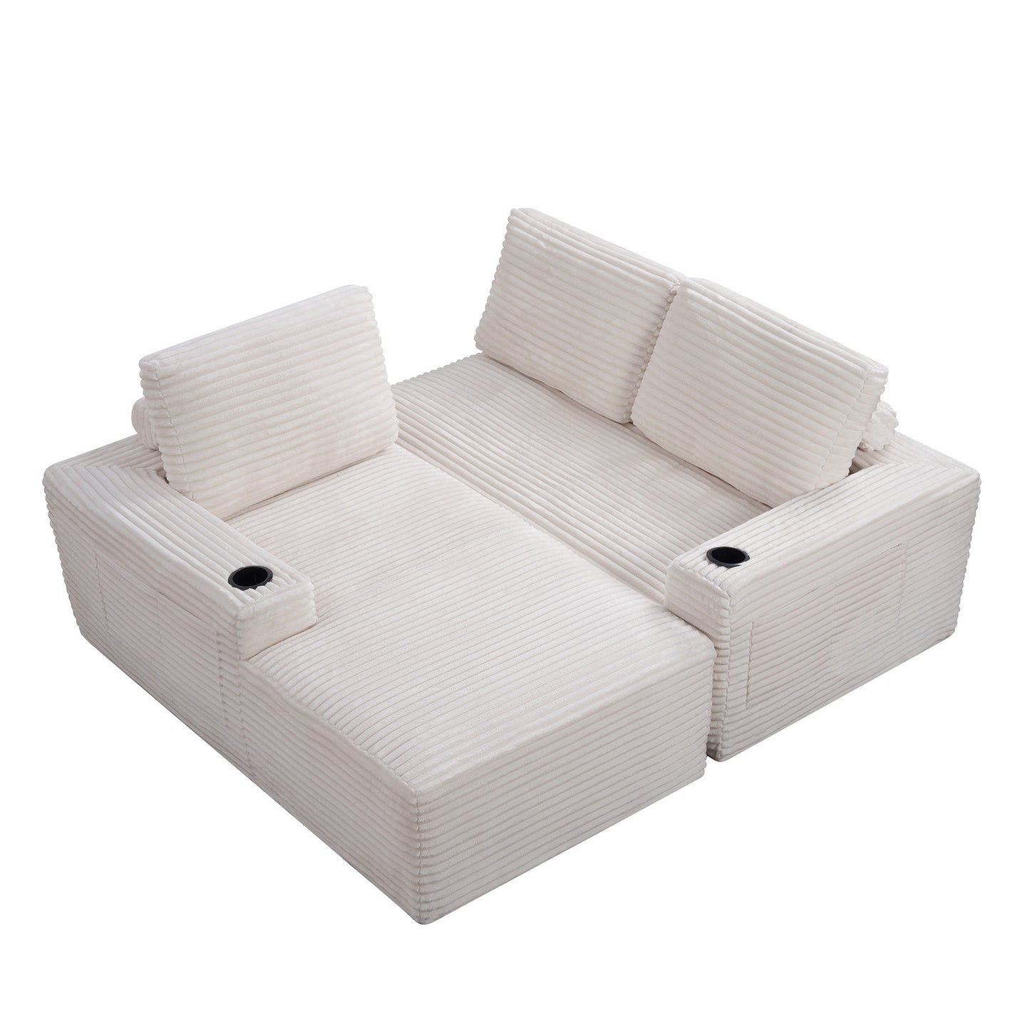 Corduroy Boneless L-Shape Chaise Sofa – No Assembly, Cup Holders, Storage Pockets (Cream White)