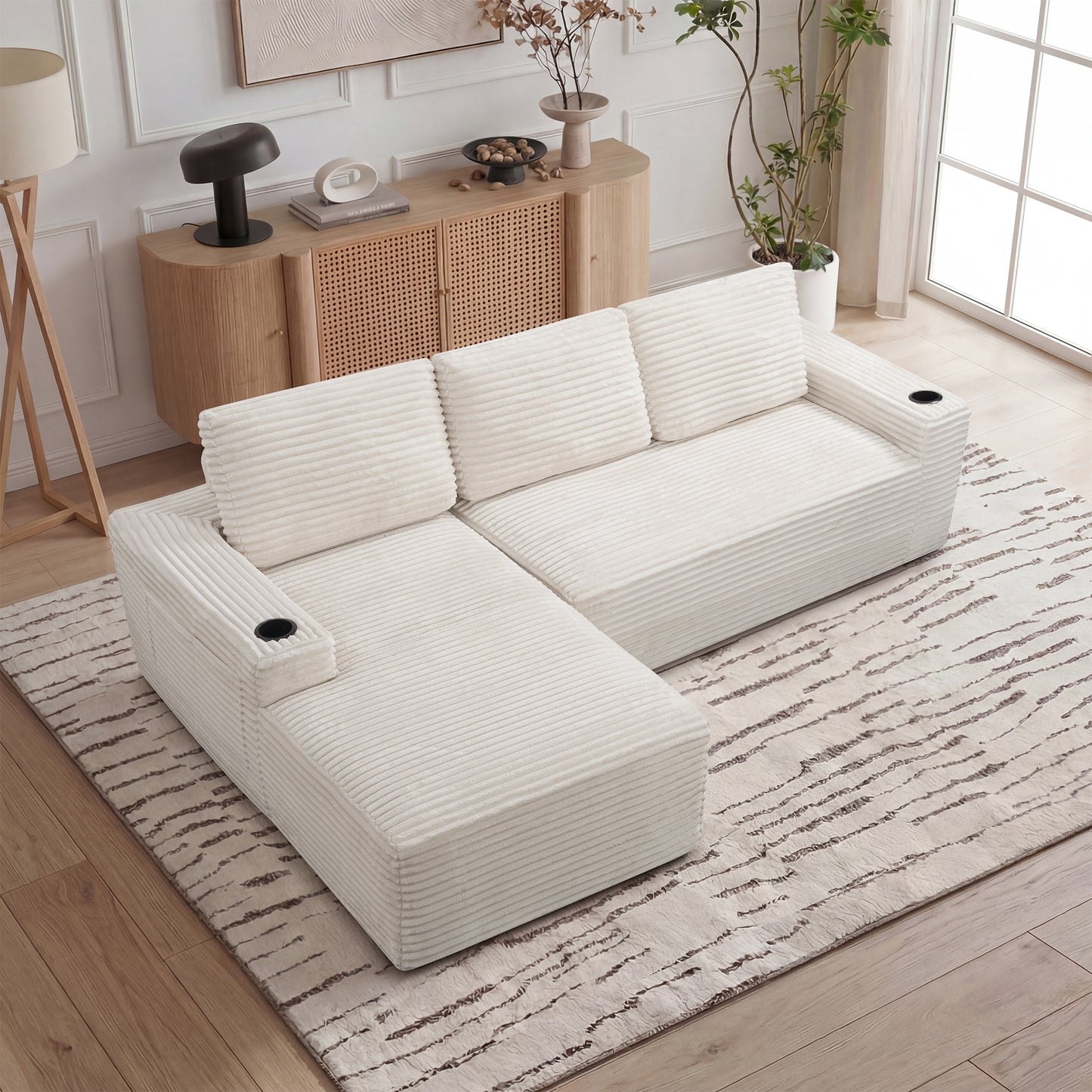 Corduroy Boneless L-Shape Chaise Sofa – No Assembly, Cup Holders, Storage Pockets (Cream White)