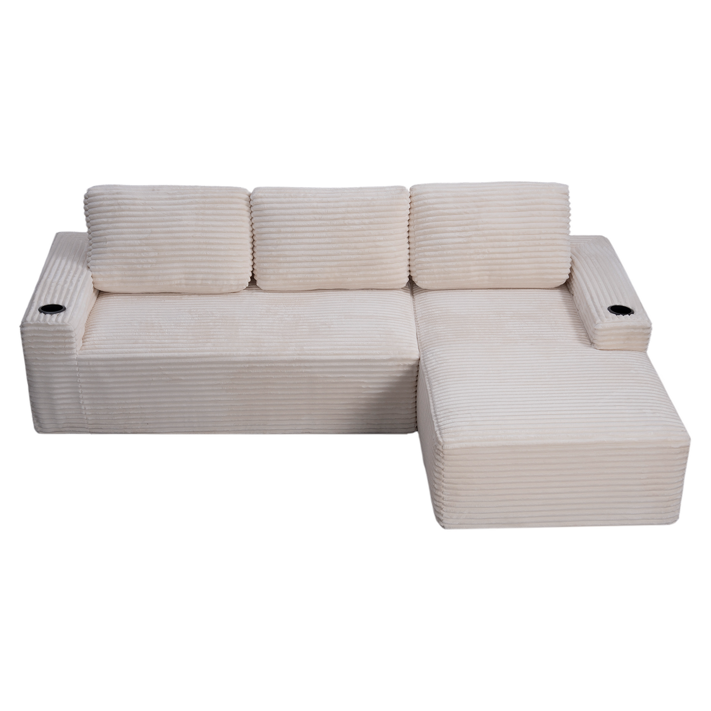 Corduroy Boneless L-Shape Chaise Sofa – No Assembly, Cup Holders, Storage Pockets (Cream White)