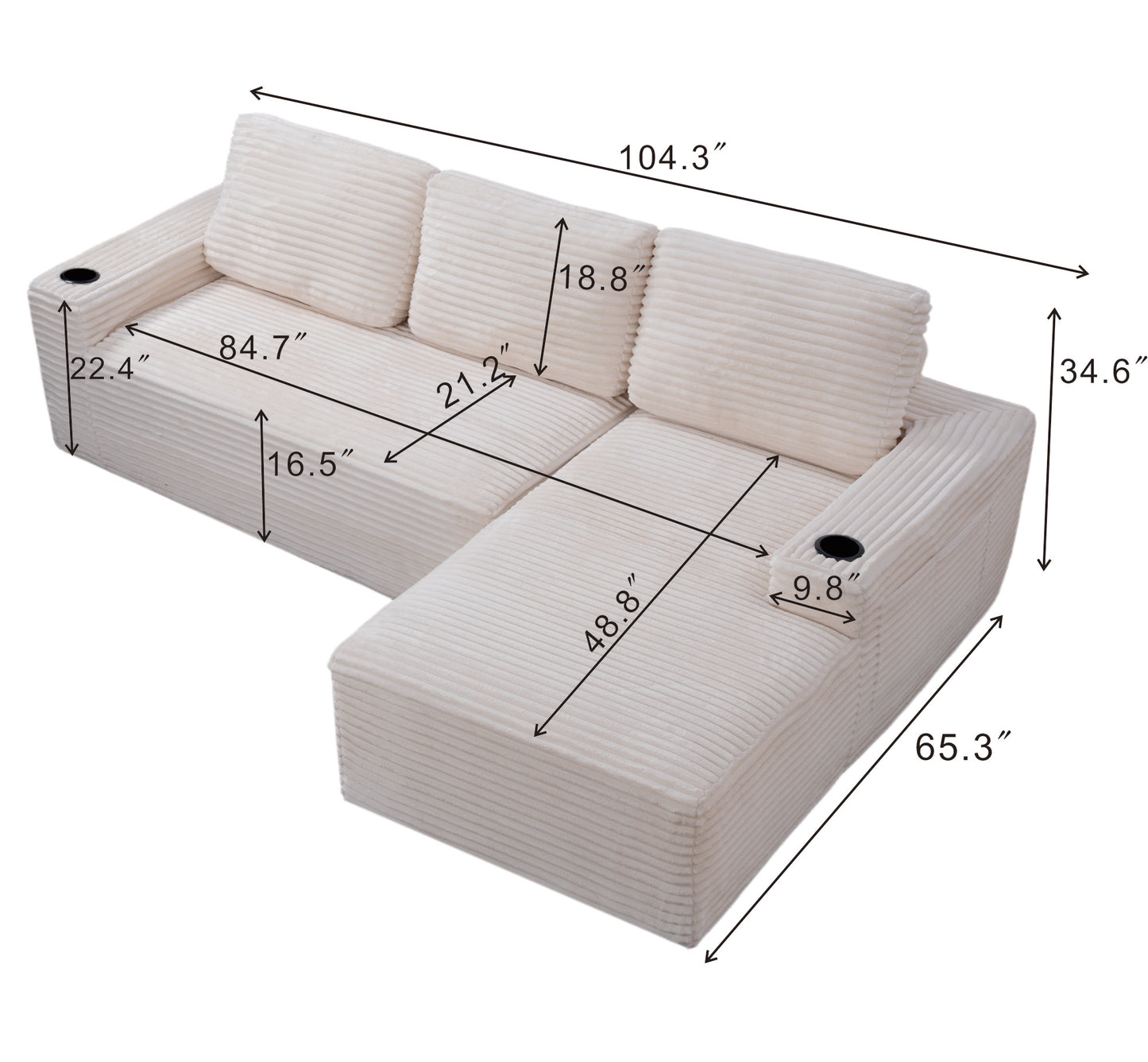 Corduroy Boneless L-Shape Chaise Sofa – No Assembly, Cup Holders, Storage Pockets (Cream White)