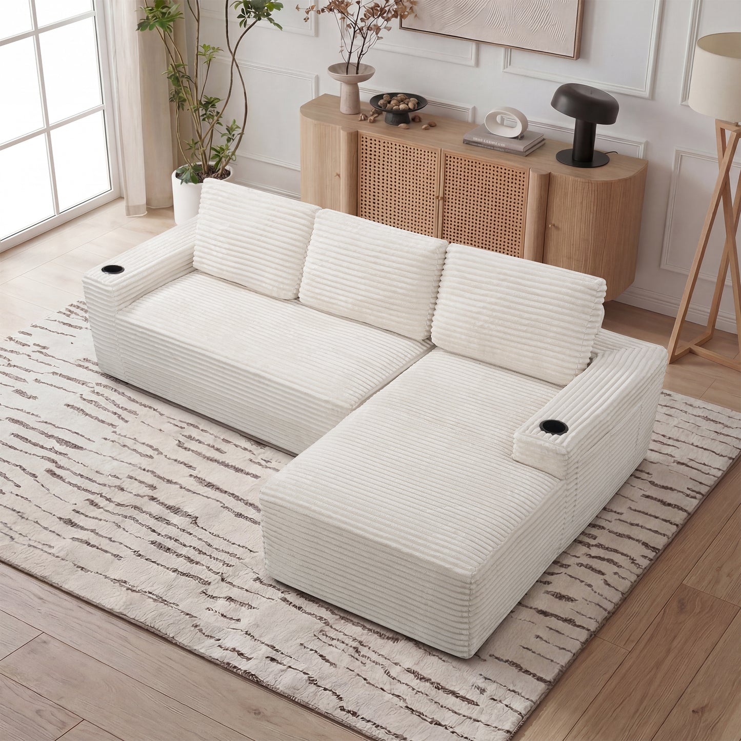 Corduroy Boneless L-Shape Chaise Sofa – No Assembly, Cup Holders, Storage Pockets (Cream White)