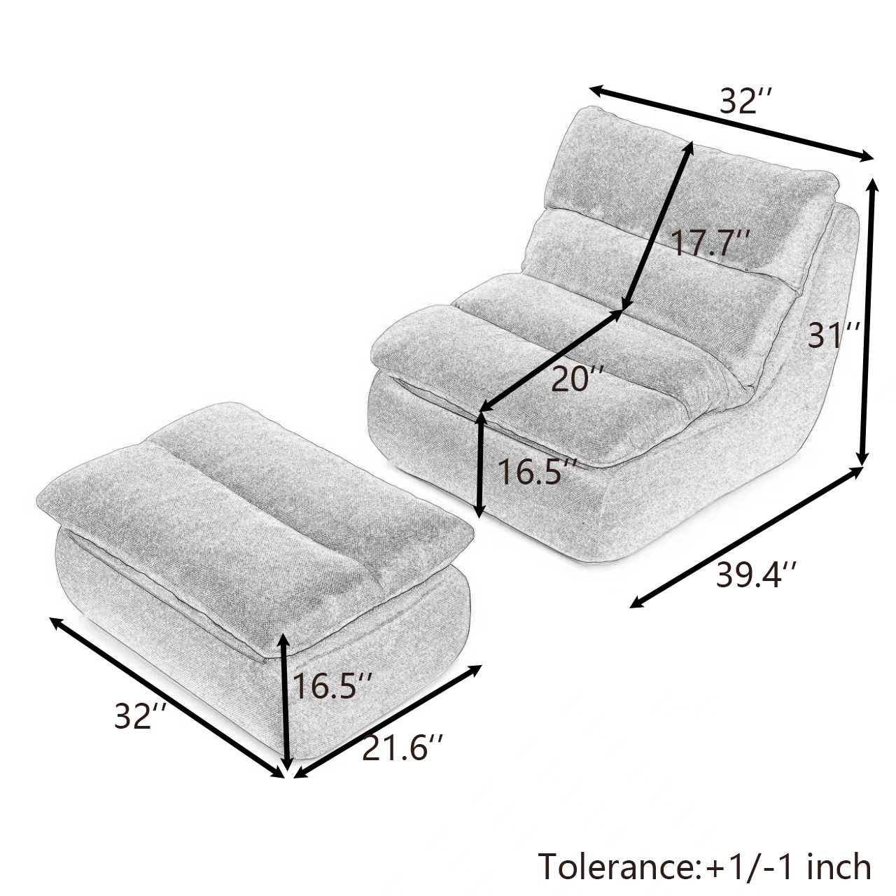 Bean Bag Chair with Ottoman – Big Chaise Lounge Chair for Adults, Tufted Upholstered Lazy Sofa for Living Room (Grey/Yellow/Green)