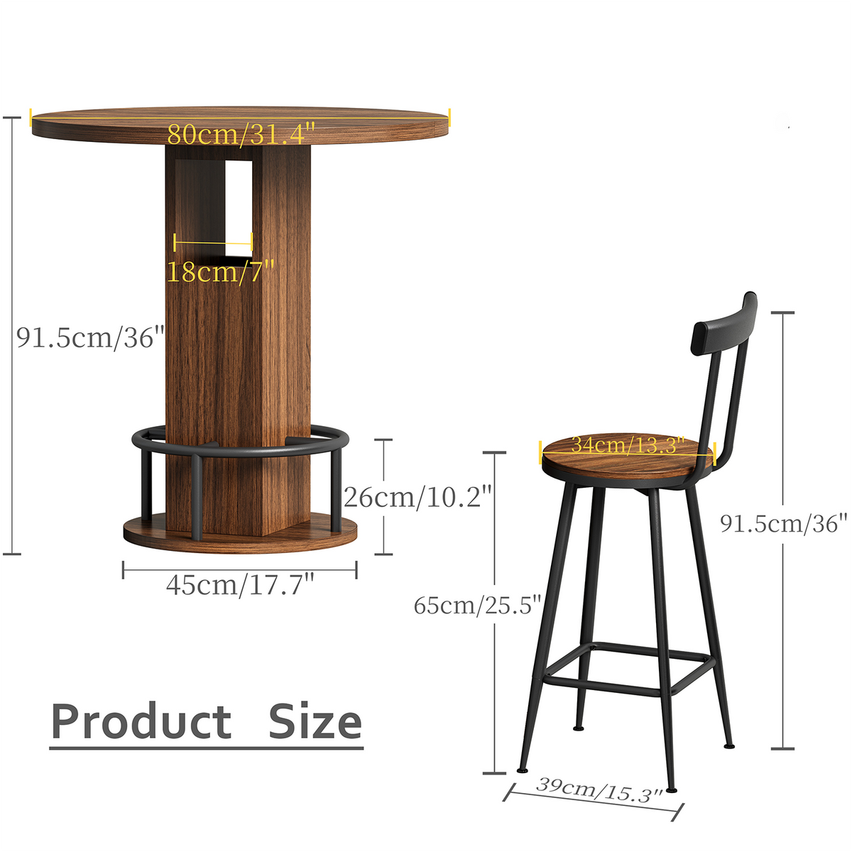 Bar Table and Stool Set – Round Bar Table with Two Stools, Compact Wooden Dining Bar with Metal Ring Footrest