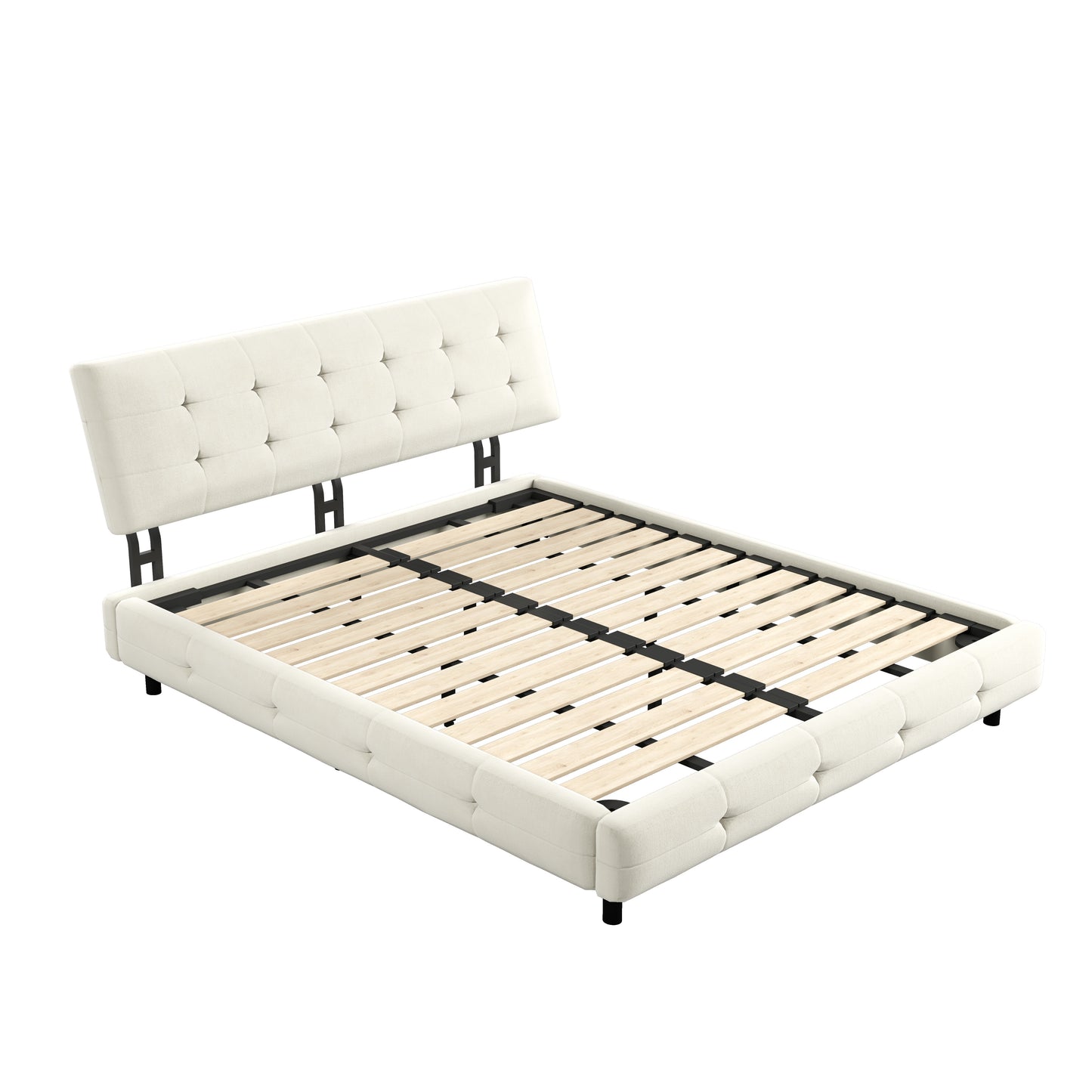 Queen/King Size Bed Frame Chenille Platform Bed with Metal and Wooden Slats Double Support – Cloud Pillow Headboard, Silent Sturdy