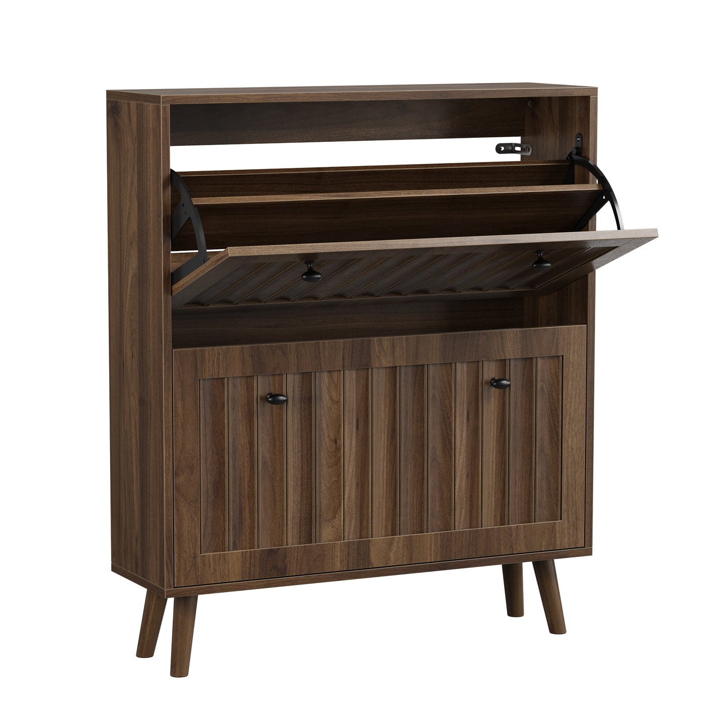 Medieval-Style Modern Shoe Cabinet | Upright Shoe Storage Unit with Vertical Grooved Finish – Walnut, 2 Sizes (23.6" or 31.5")