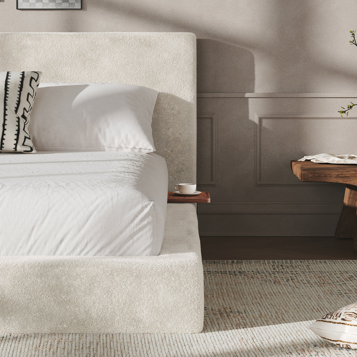 Bed Frame with Adjustable Sliding Side Table – 8.7" Cloud Upholstered Sponge Cushion, Easy Assembly