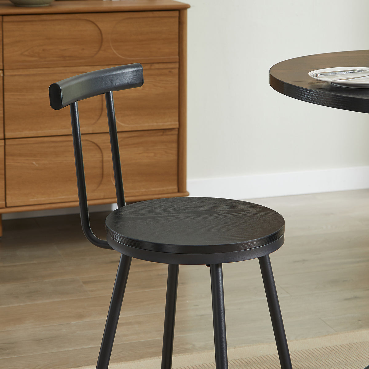 Bar Table and Stool Set – Round Bar Table with Two Stools, Compact Wooden Dining Bar with Metal Ring Footrest