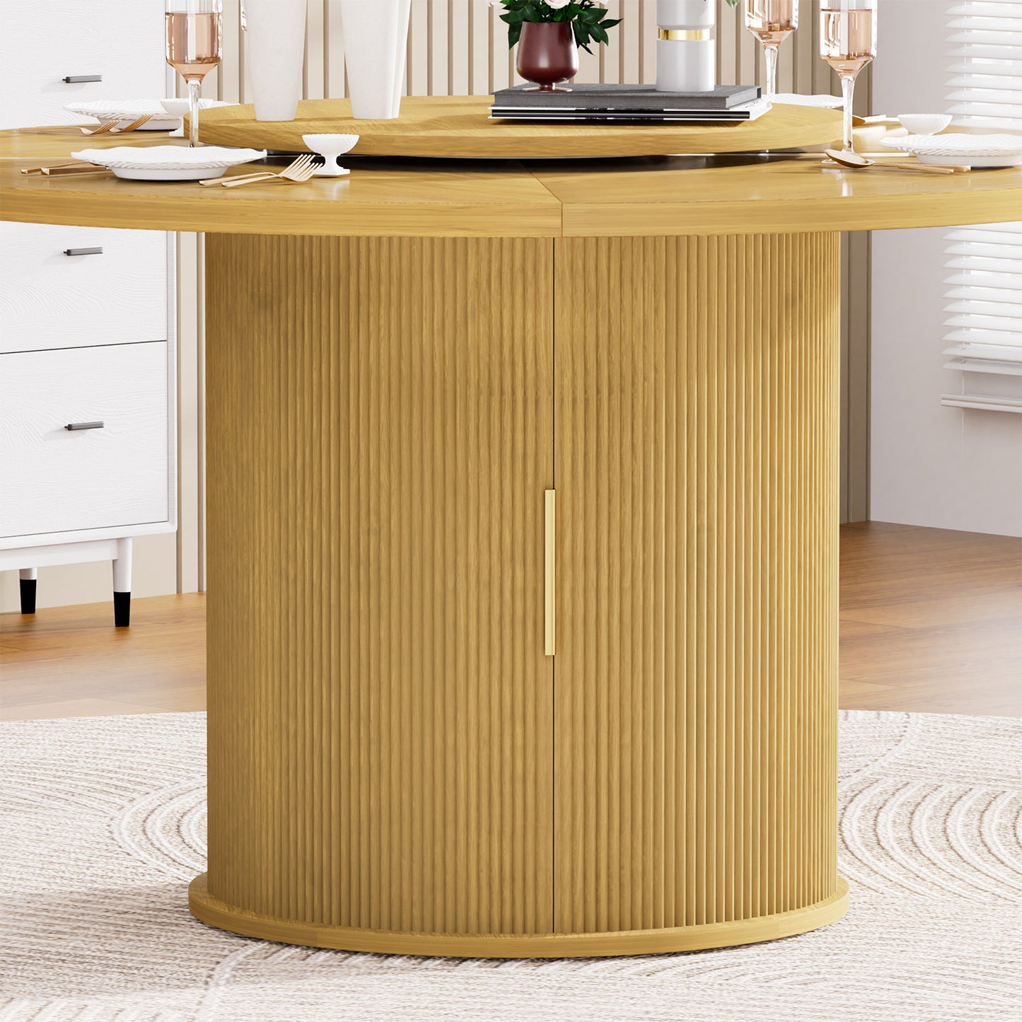 Round dining table with featuring a double-tiered storage rack and a rotating tabletop tray