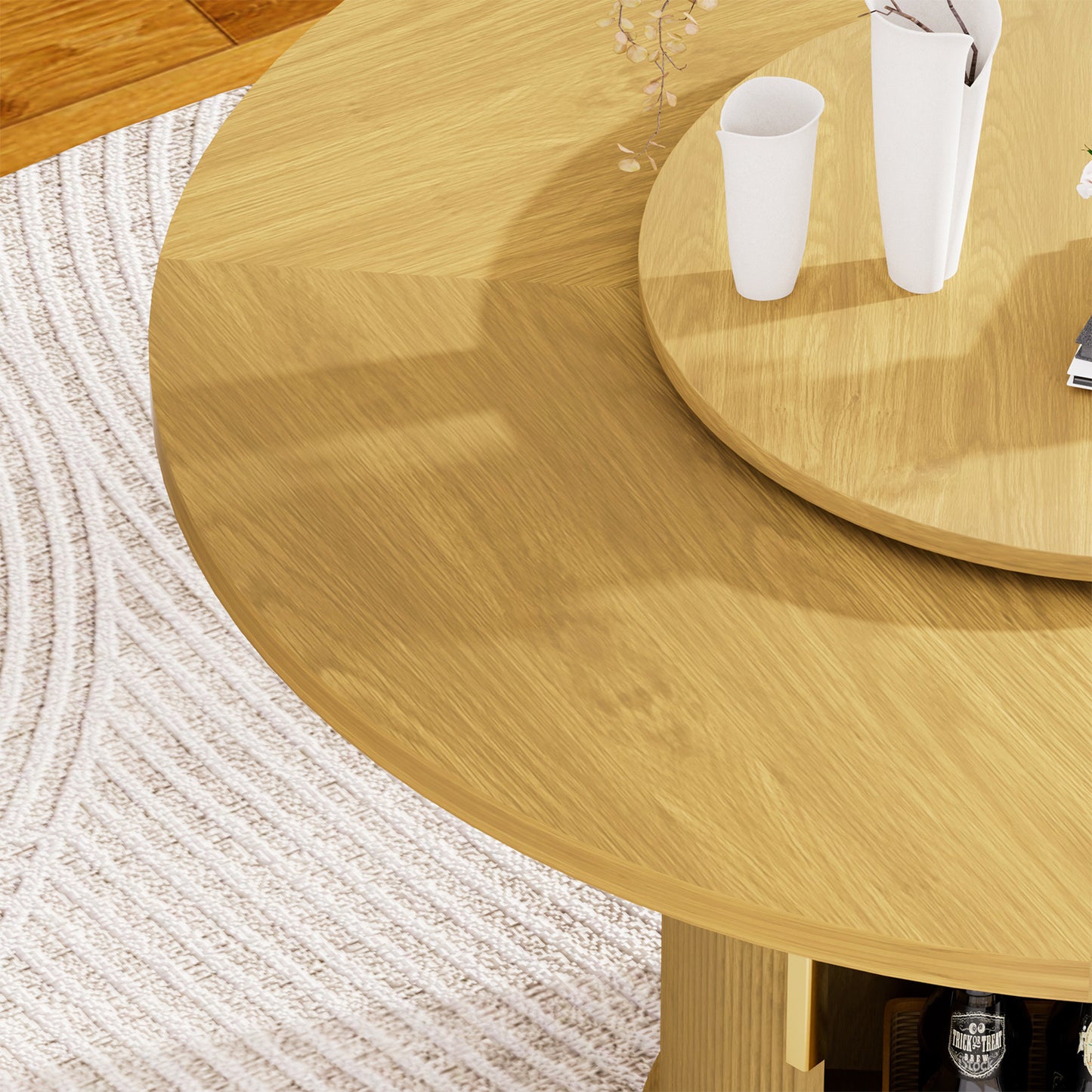 Round dining table with featuring a double-tiered storage rack and a rotating tabletop tray