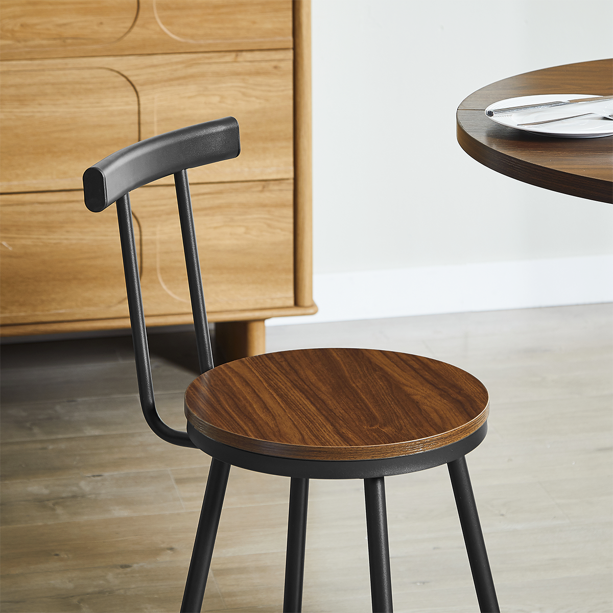 Bar Table and Stool Set – Round Bar Table with Two Stools, Compact Wooden Dining Bar with Metal Ring Footrest