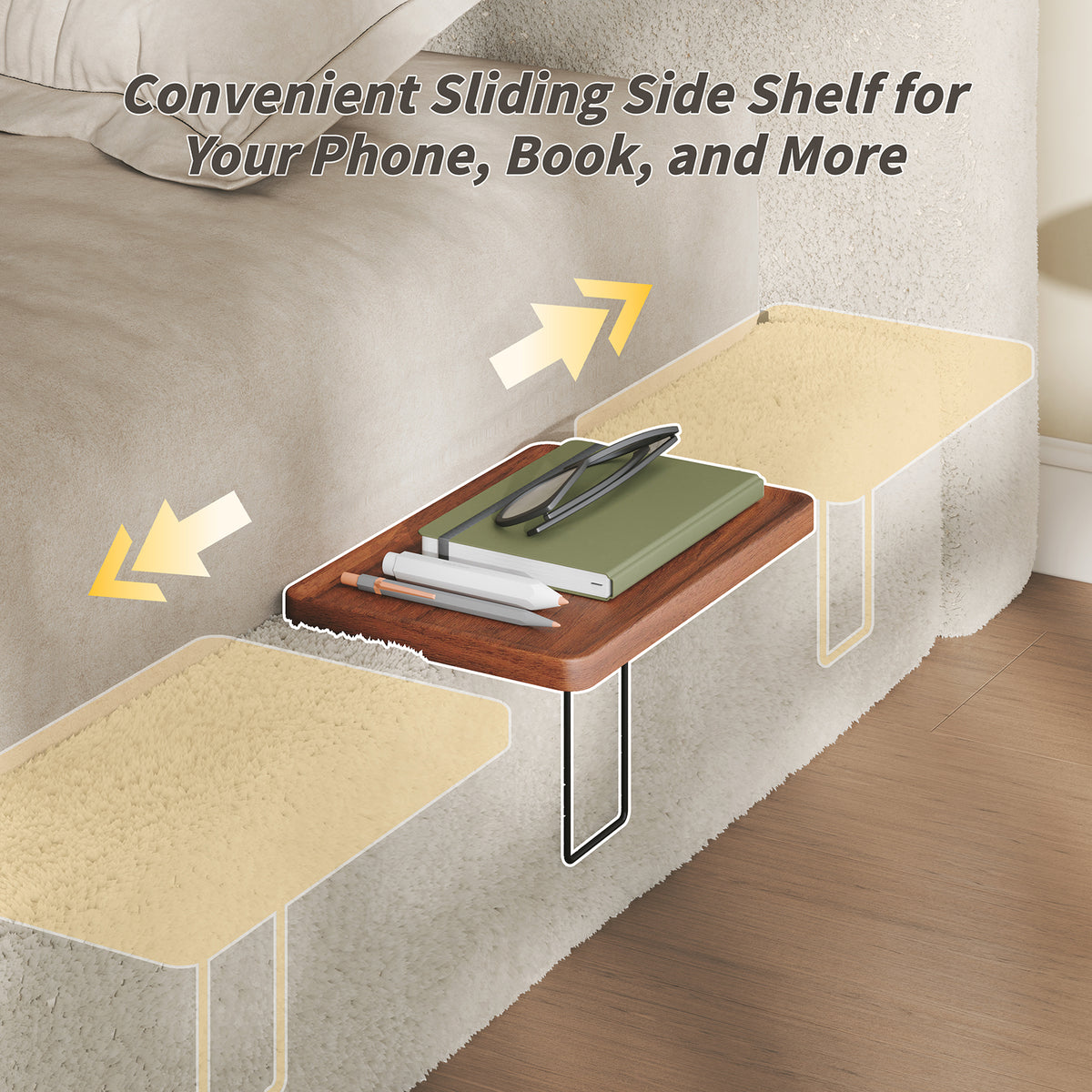 Bed Frame with Adjustable Sliding Side Table – 8.7" Cloud Upholstered Sponge Cushion, Easy Assembly