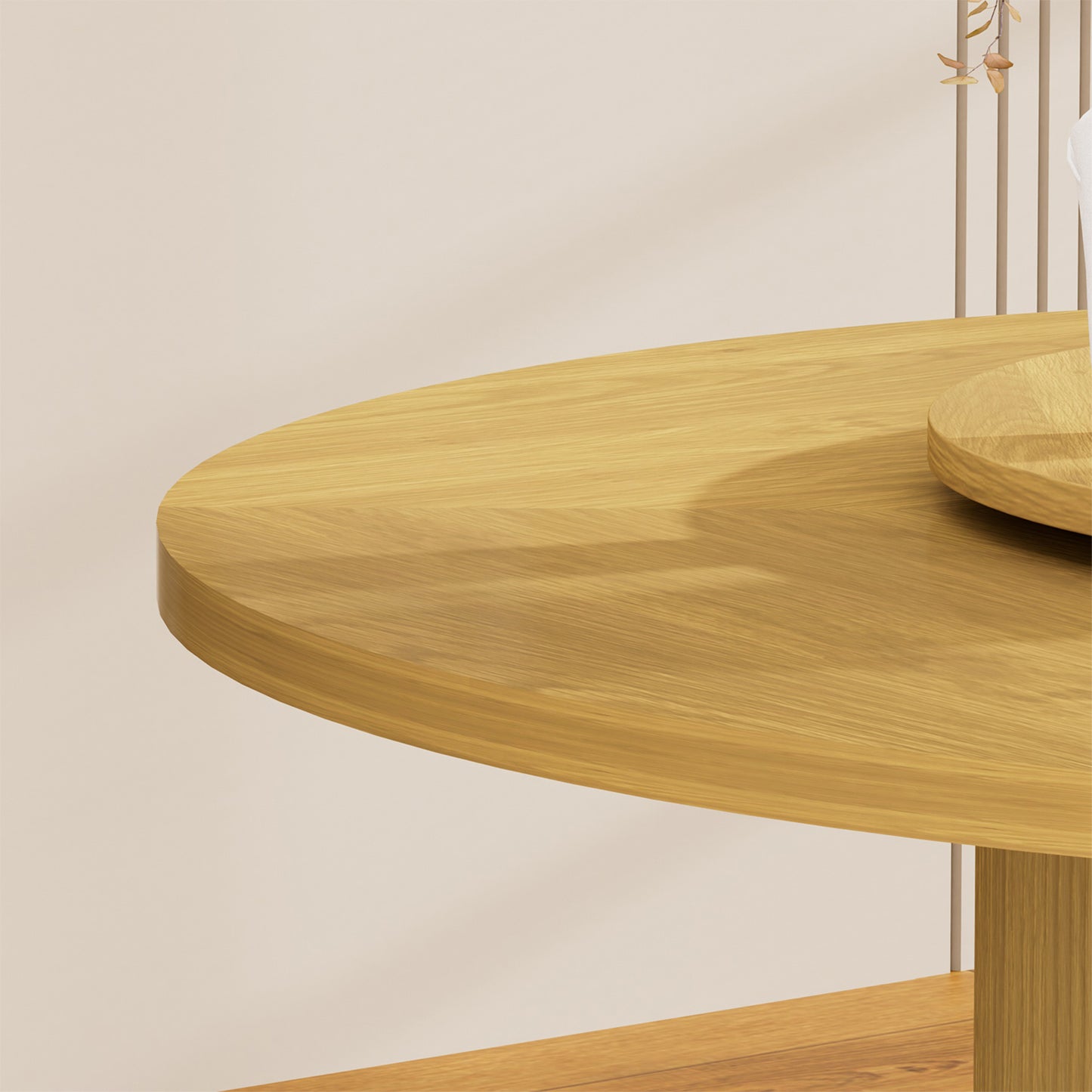 Round dining table with featuring a double-tiered storage rack and a rotating tabletop tray