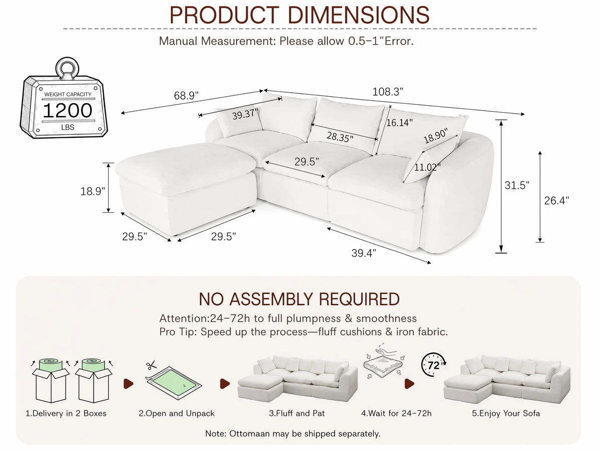 Fully Sponge Compressed Sectional Sofa – High Resilience Foam, White Chenille, Modular Loveseat/ L-Shaped Sofa