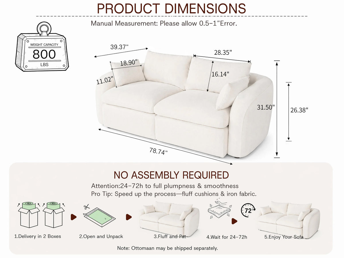 Fully Sponge Compressed Sectional Sofa – High Resilience Foam, White Chenille, Modular Loveseat/ L-Shaped Sofa