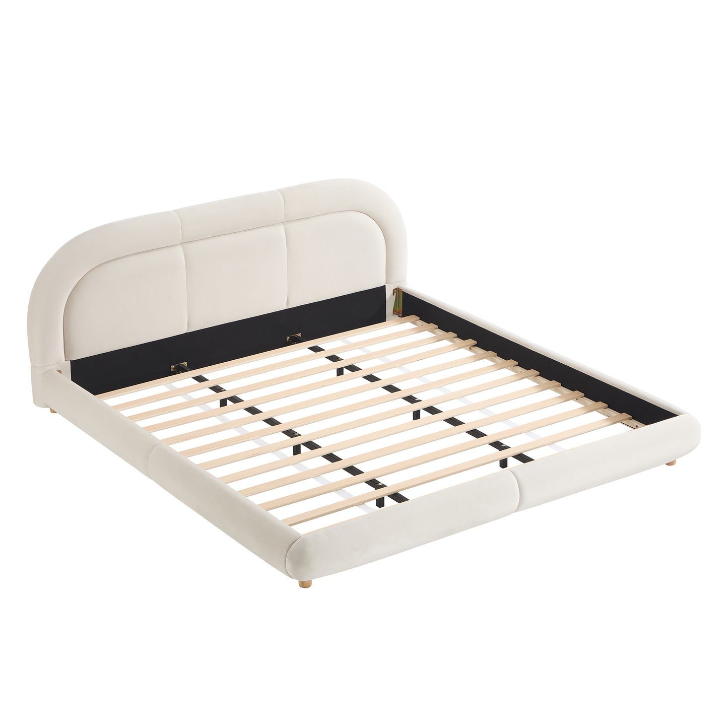 Modern Curved Upholstered Low Profile Platform Bed | Rounded Headboard – Velvet, King Size, No Box Spring Needed