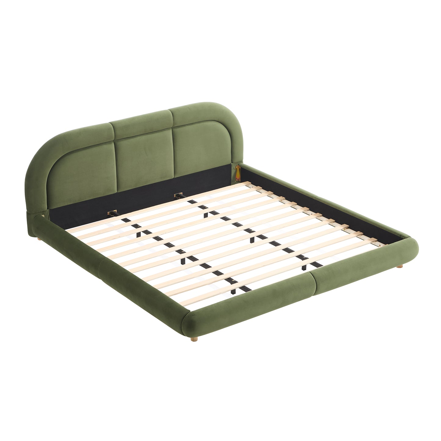 Modern Curved Upholstered Low Profile Platform Bed | Rounded Headboard – Velvet, King Size, No Box Spring Needed