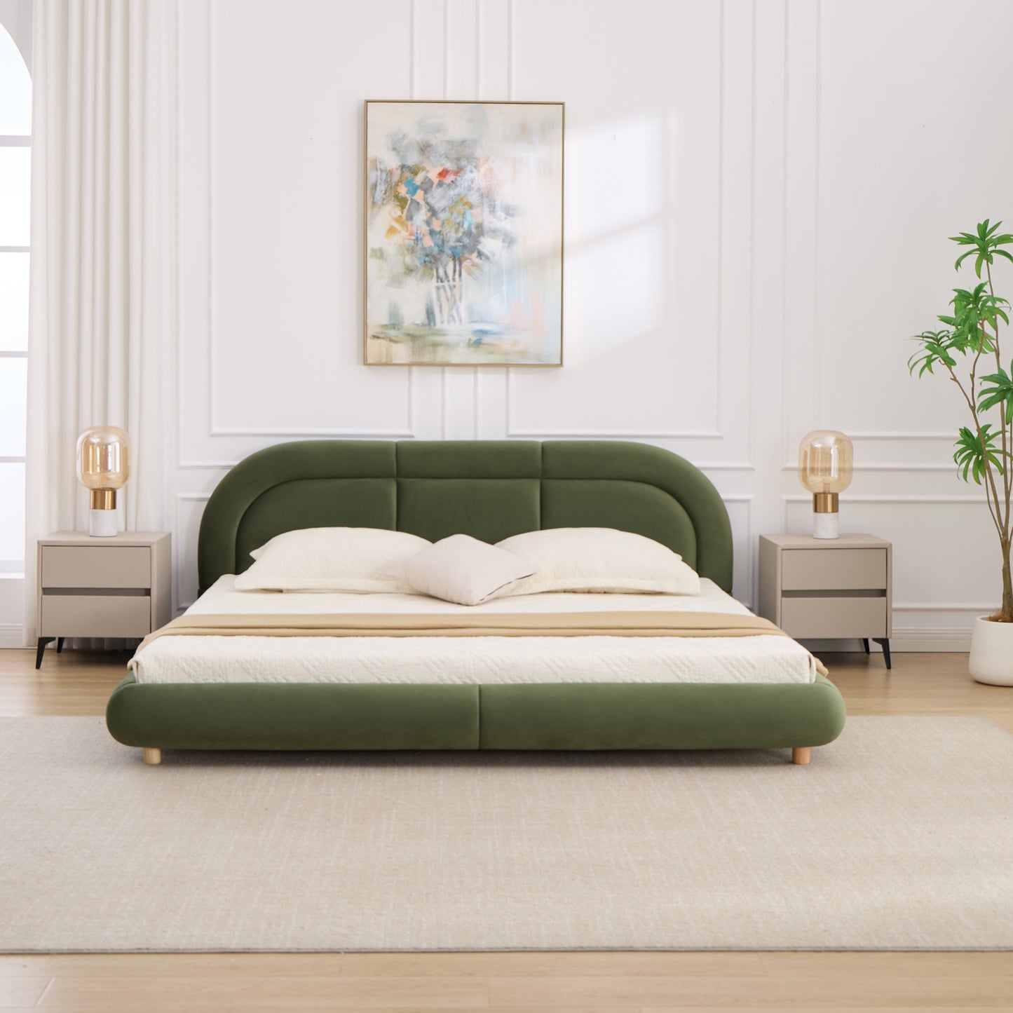 Modern Curved Upholstered Low Profile Platform Bed | Rounded Headboard – Velvet, King Size, No Box Spring Needed