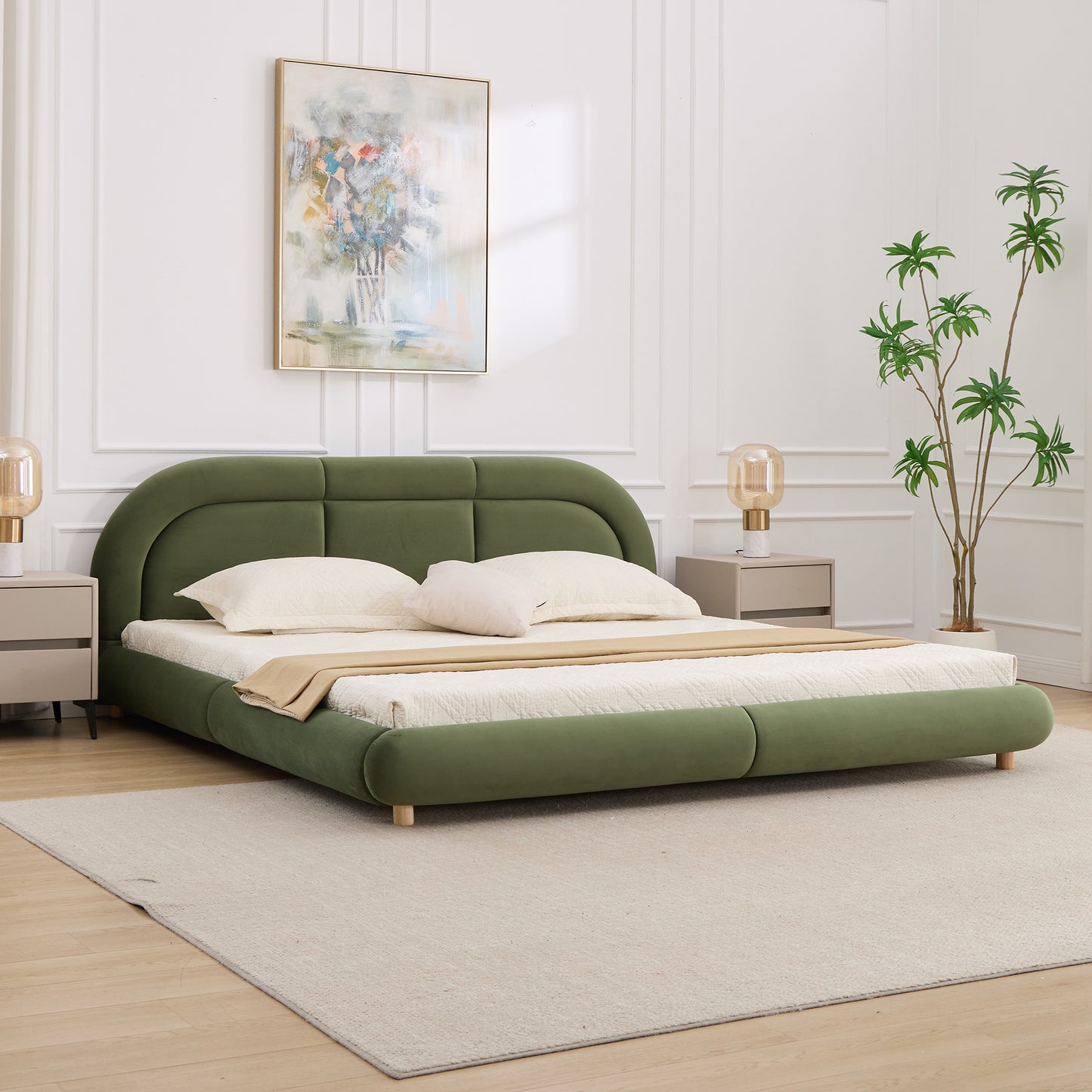 Modern Curved Upholstered Low Profile Platform Bed | Rounded Headboard – Velvet, King Size, No Box Spring Needed