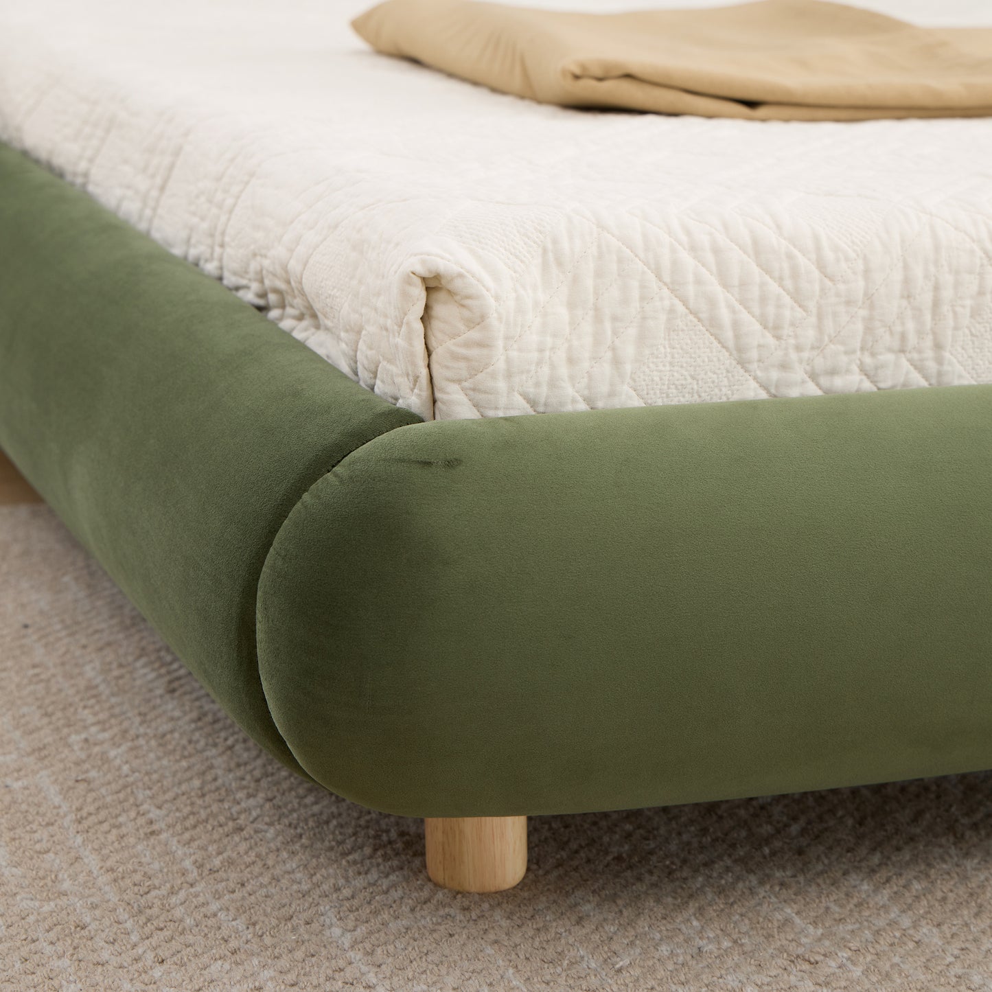 Modern Curved Upholstered Low Profile Platform Bed | Rounded Headboard – Velvet, King Size, No Box Spring Needed