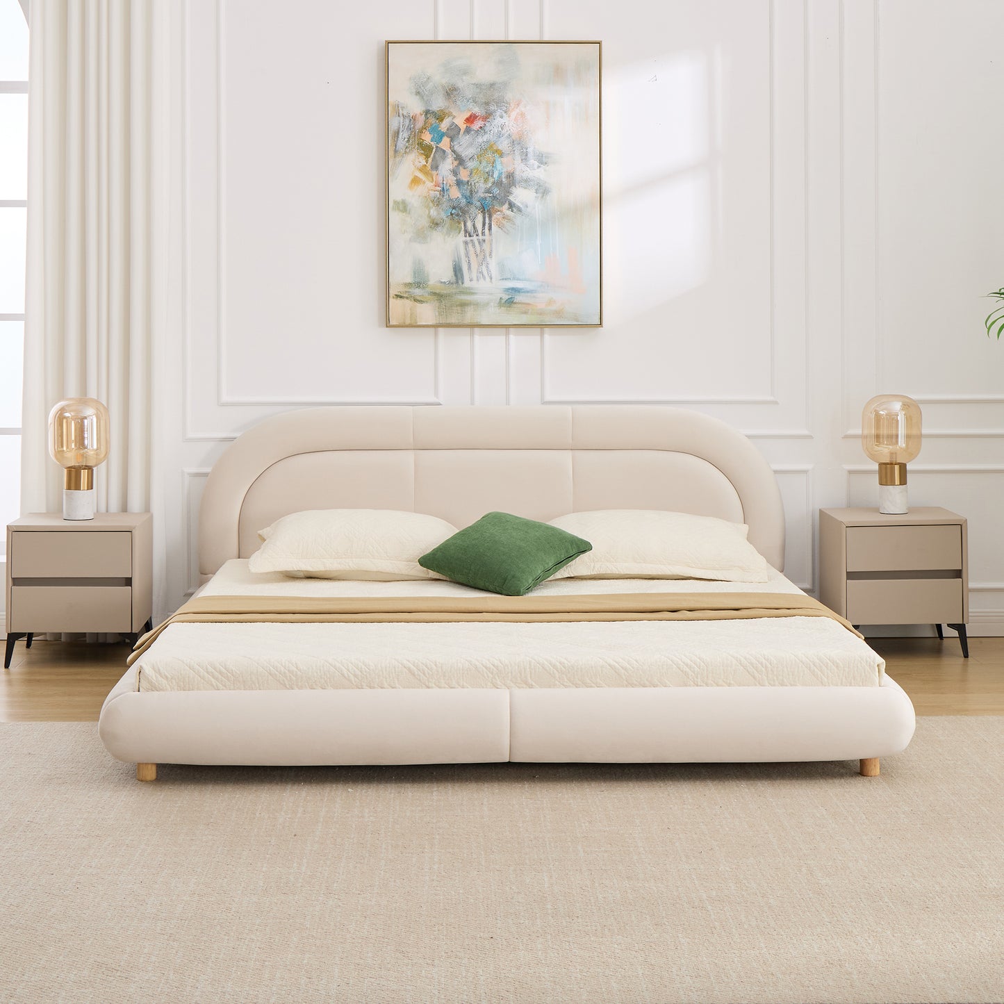Modern Curved Upholstered Low Profile Platform Bed | Rounded Headboard – Velvet, King Size, No Box Spring Needed