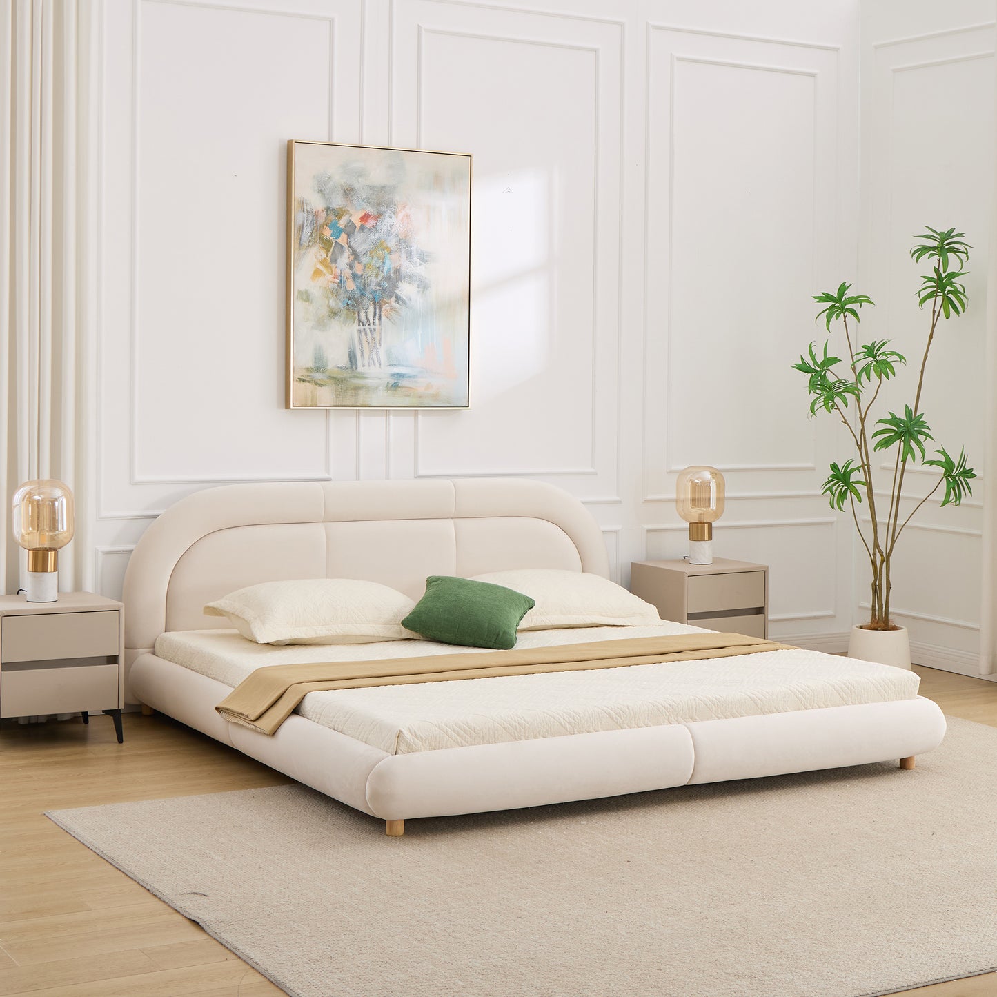 Modern Curved Upholstered Low Profile Platform Bed | Rounded Headboard – Velvet, King Size, No Box Spring Needed