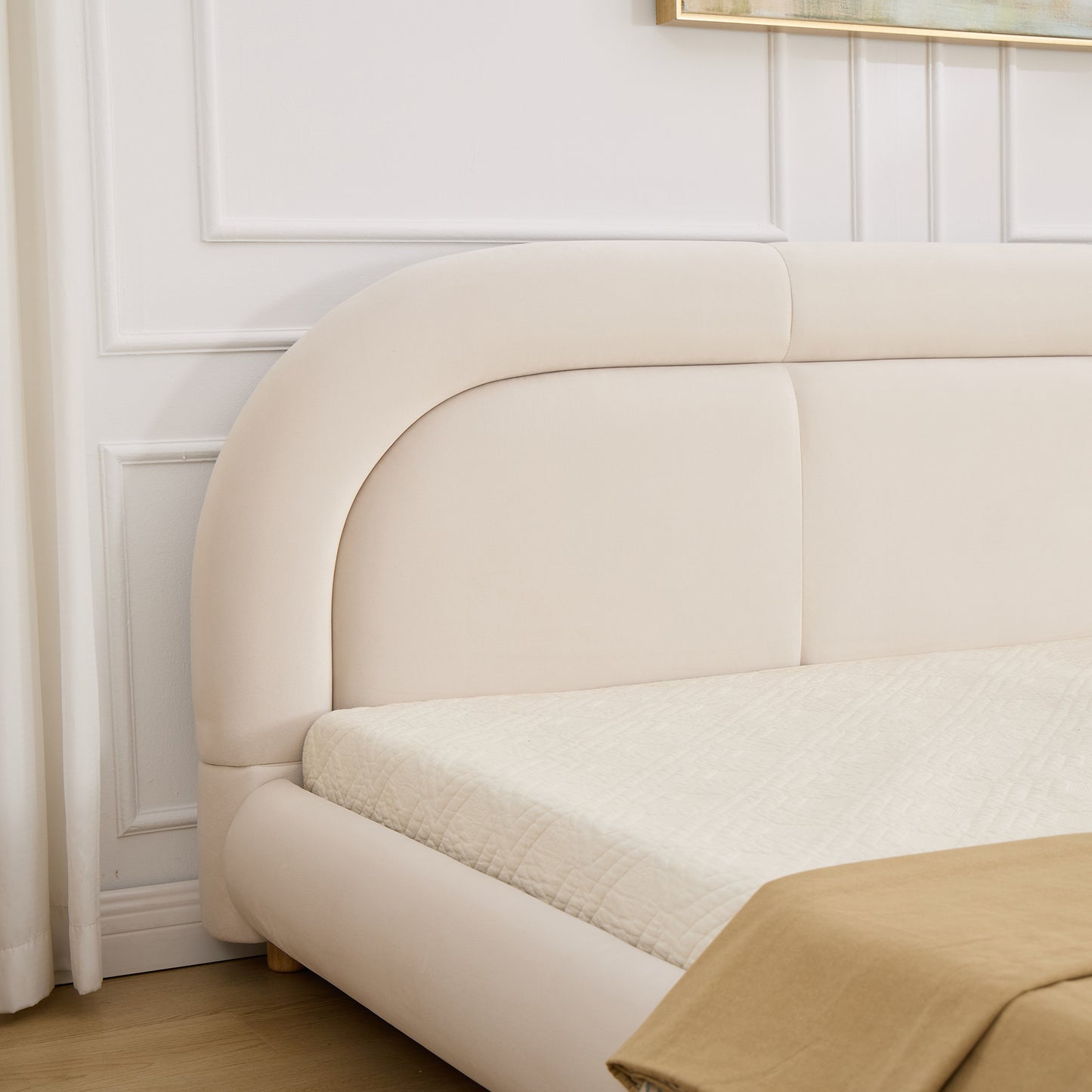 Modern Curved Upholstered Low Profile Platform Bed | Rounded Headboard – Velvet, King Size, No Box Spring Needed