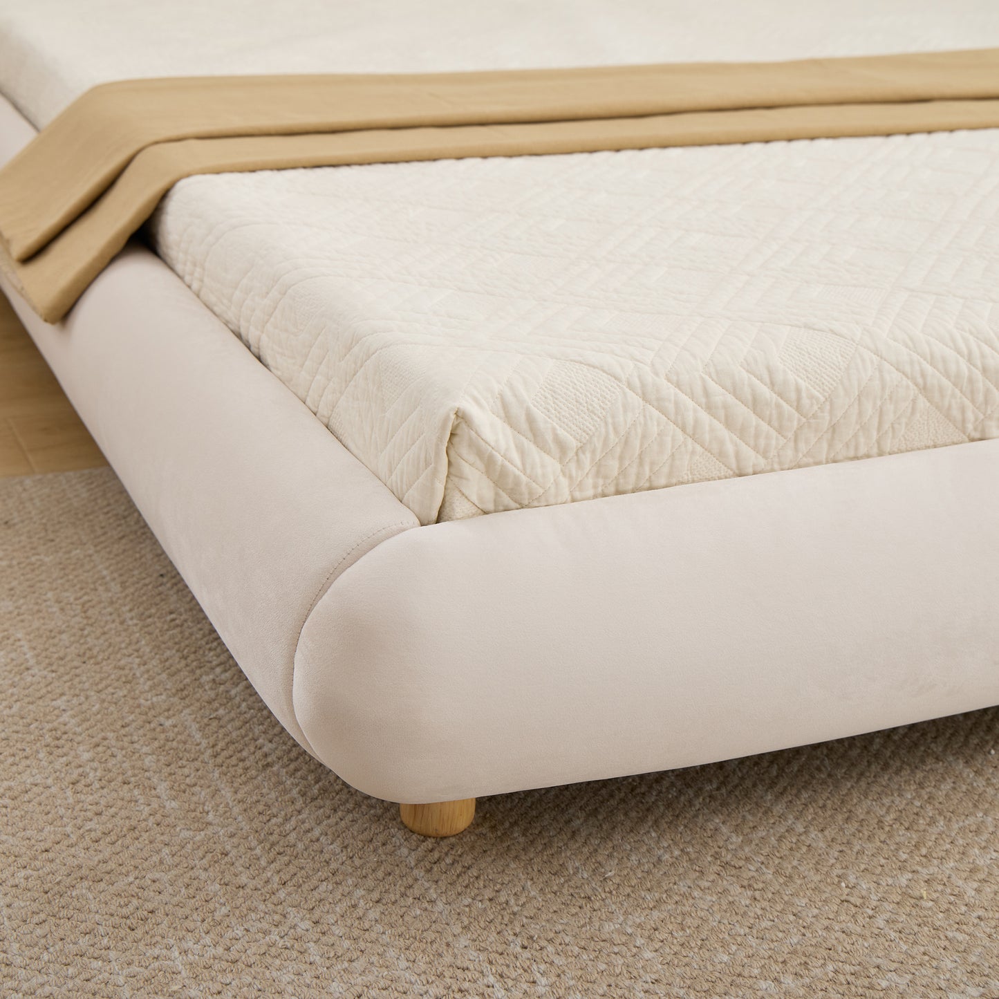 Modern Curved Upholstered Low Profile Platform Bed | Rounded Headboard – Velvet, King Size, No Box Spring Needed